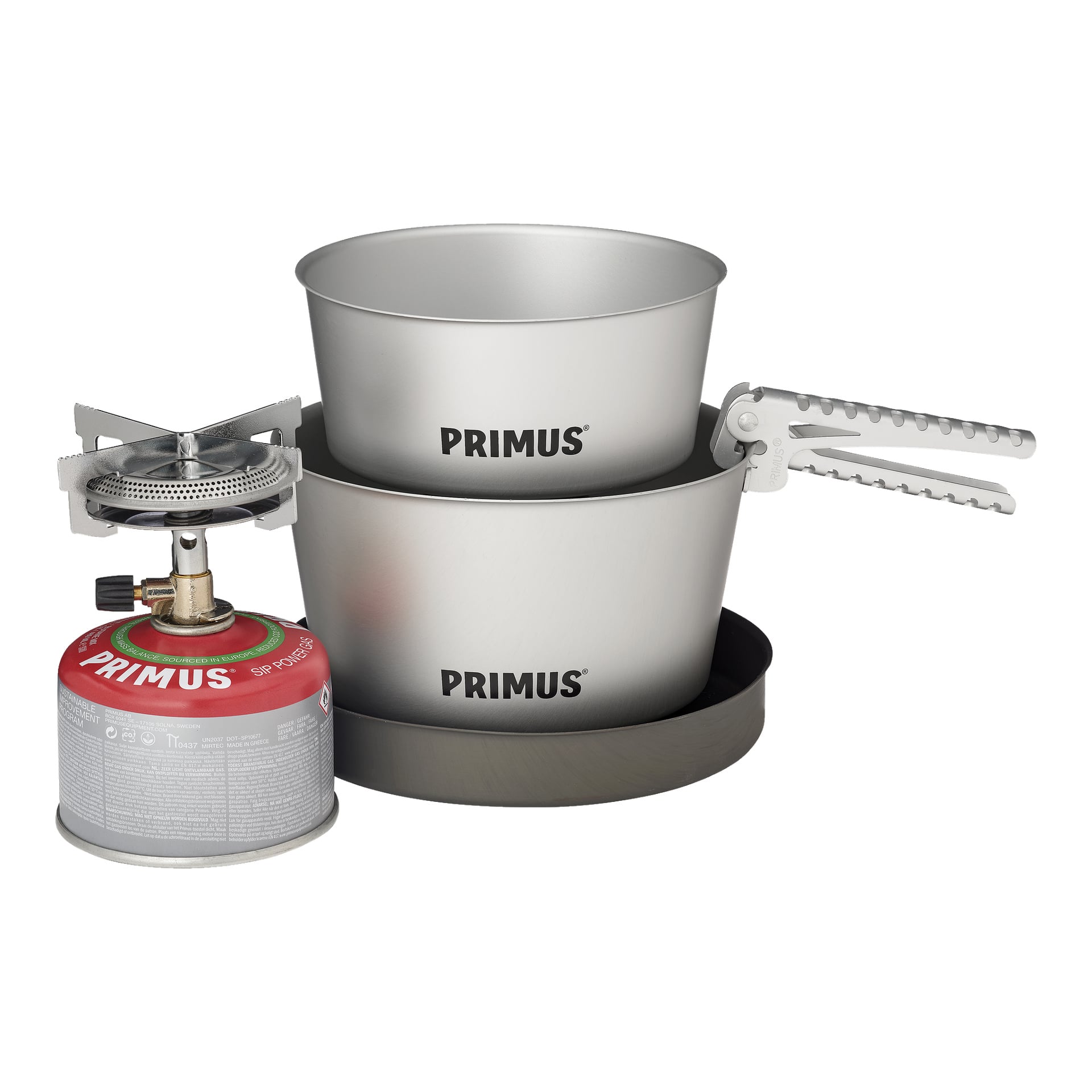 Ett Primus Gas Stove Mimer Stove Kit II visas upp, med en portabel spis med bränslebehållare, två metallkastruller staplade tillsammans och märkta Primus, en metallstekpanna och en avtagbar grytgripare.