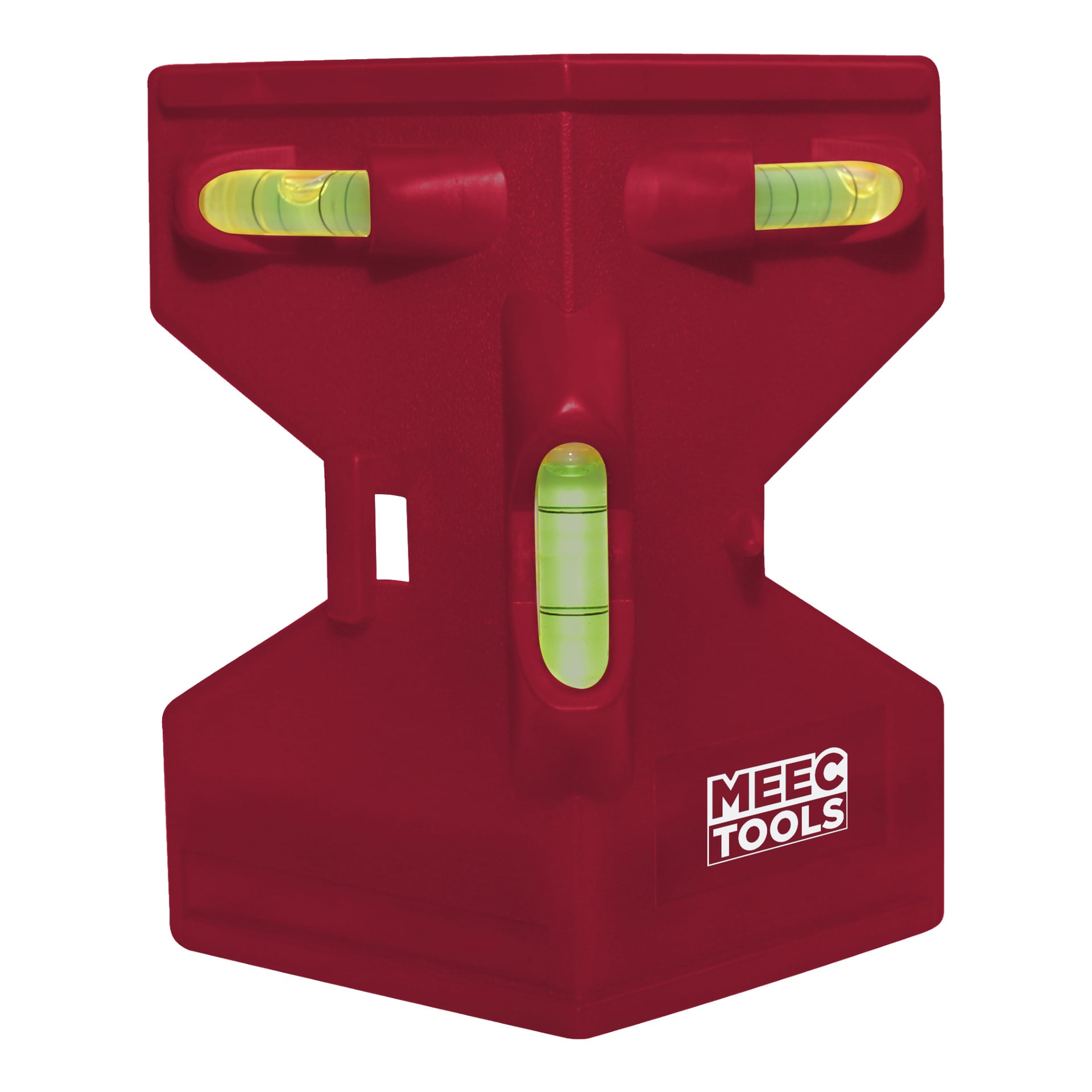 En röd Meec Tools Post Level med tre bubbelflaskor för att jämna vertikalt, horisontellt och i hörnen.