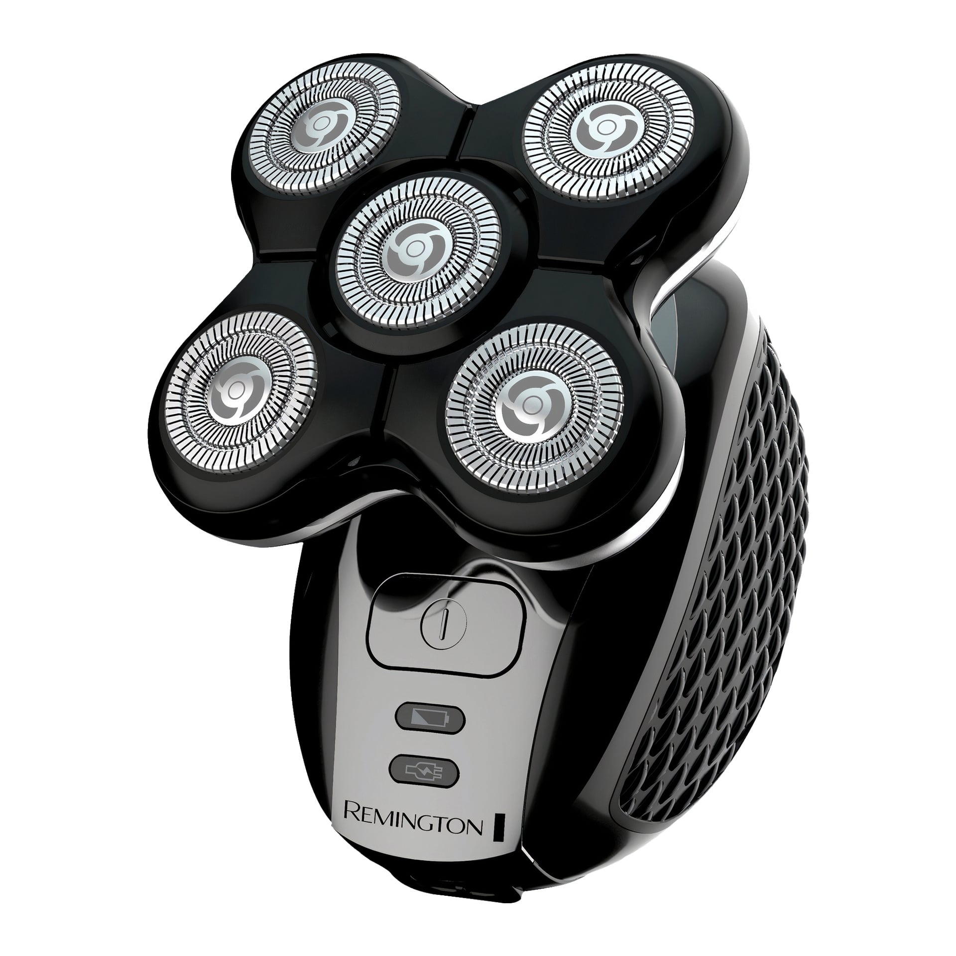 Remington Cordless rakhyvel för huvudet Ultimate Series XR1500 har fem cirkulära roterande blad, en strömbrytare och ett ergonomiskt grepphandtag. Färgen är svart och silver.