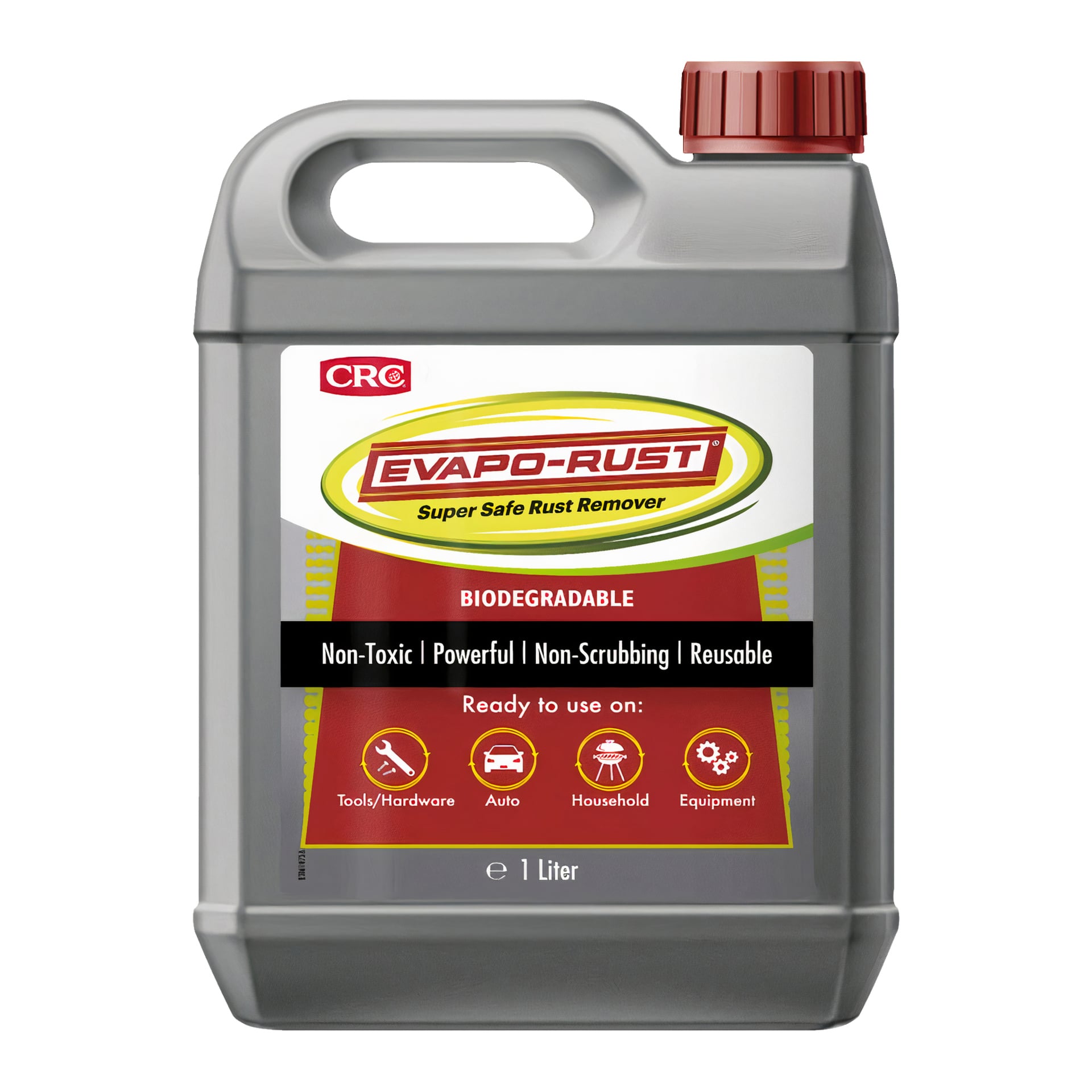 Szara plastikowa butelka CRC Rust Remover Evapo-Rust, o pojemności jednego litra i czerwonej nakrętce. Etykieta promuje jego biodegradowalną i nietoksyczną formułę jako silną i nadające się do wielokrotnego użytku, podkreślając, że działa bez szorowania i nadaje się do czyszczenia narzędzi, części samochodowych, artykułów gospodarstwa domowego oraz sprzętu.