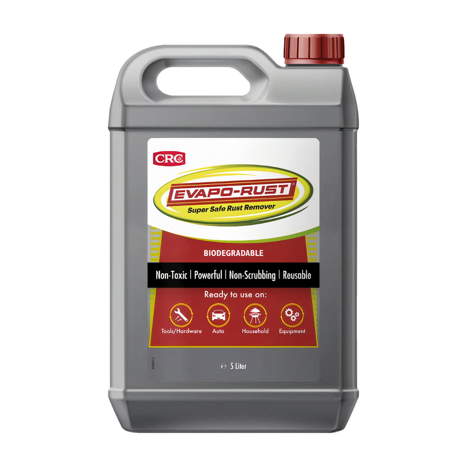 Ein grauer 5-Liter-Kunststoffkrug mit CRC Evapo-Rust Remover mit rotem Deckel zeigt ein Etikett, das hervorhebt, dass das Produkt biologisch abbaubar, ungiftig, nicht geschrubbt werden muss und wiederverwendet werden kann. Sie bezeichnet die Verwendung für Werkzeuge, Autoteile, Haushaltsgegenstände und Ausrüstung.