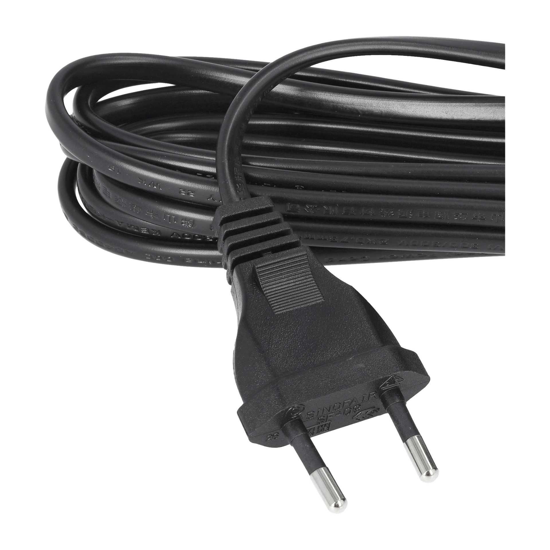 En Anslut Unearthed-kabel med en spiralad svart kabel och en tvåpolig europeisk kontakt visas.