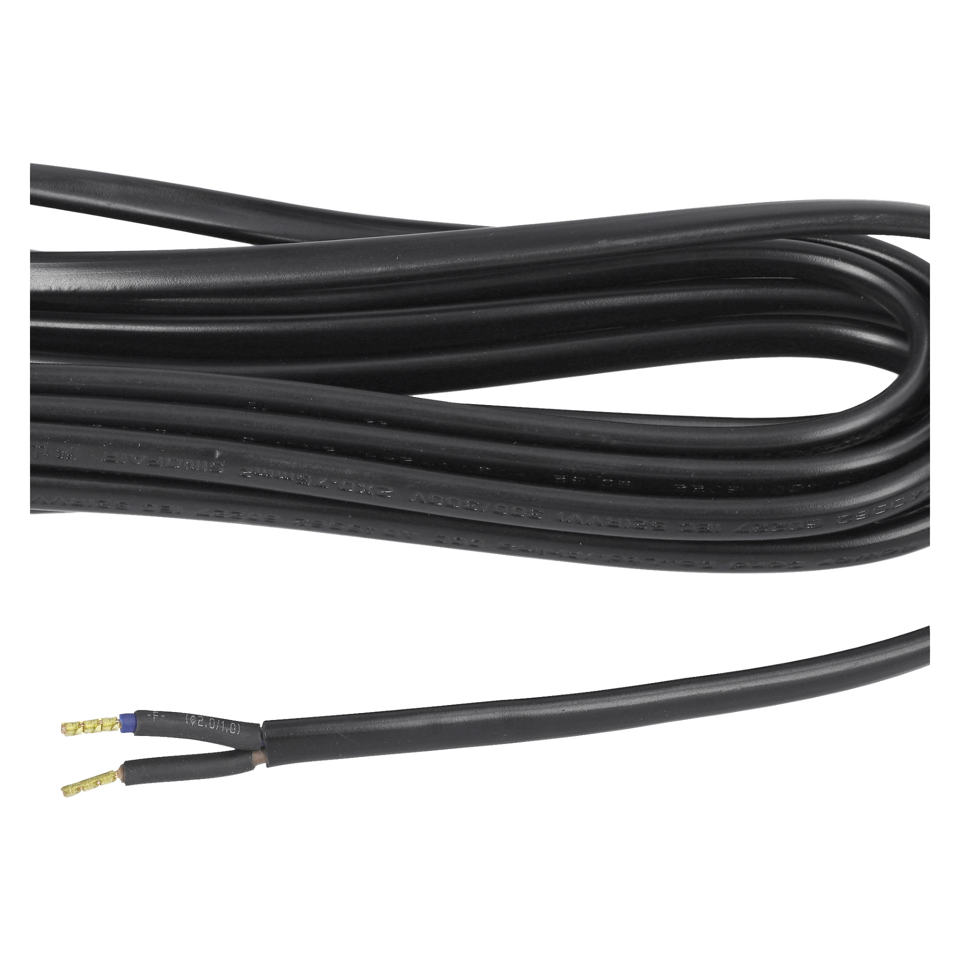 En Anslut Unearthed-kabel med en spiralad svart isolerad kabel och två guldspetsade exponerade trådändar. Sladden ser oanvänd ut.