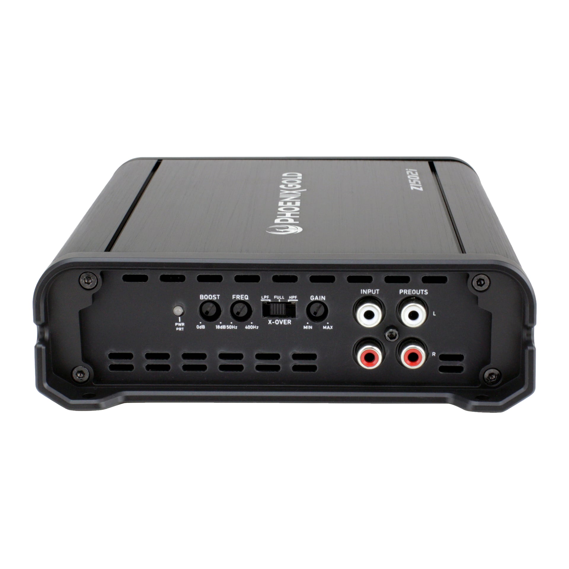 Den svarta Phoenix Gold Z1502i bilförstärkaren har kontrollrattar och brytare för boost, frekvens, gain och delningsfrekvens, med RCA-ingångar och pre-utgångar placerade på ena sidan.