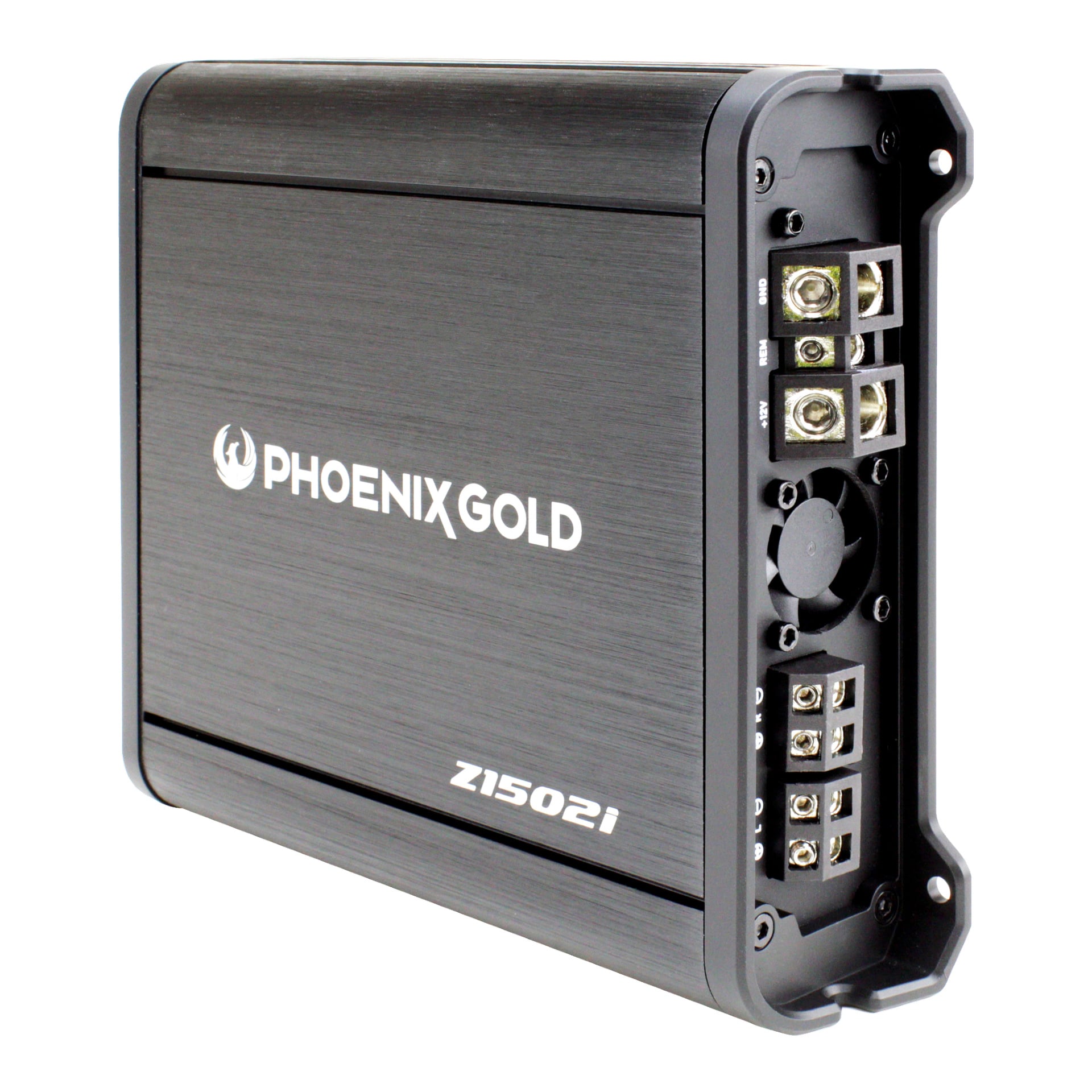 Phoenix Gold Z1502i bilförstärkare i svart med en borstad metallyta, med varumärkeslogotypen längs sidan och en rad portar och terminaler samlade i ena änden.