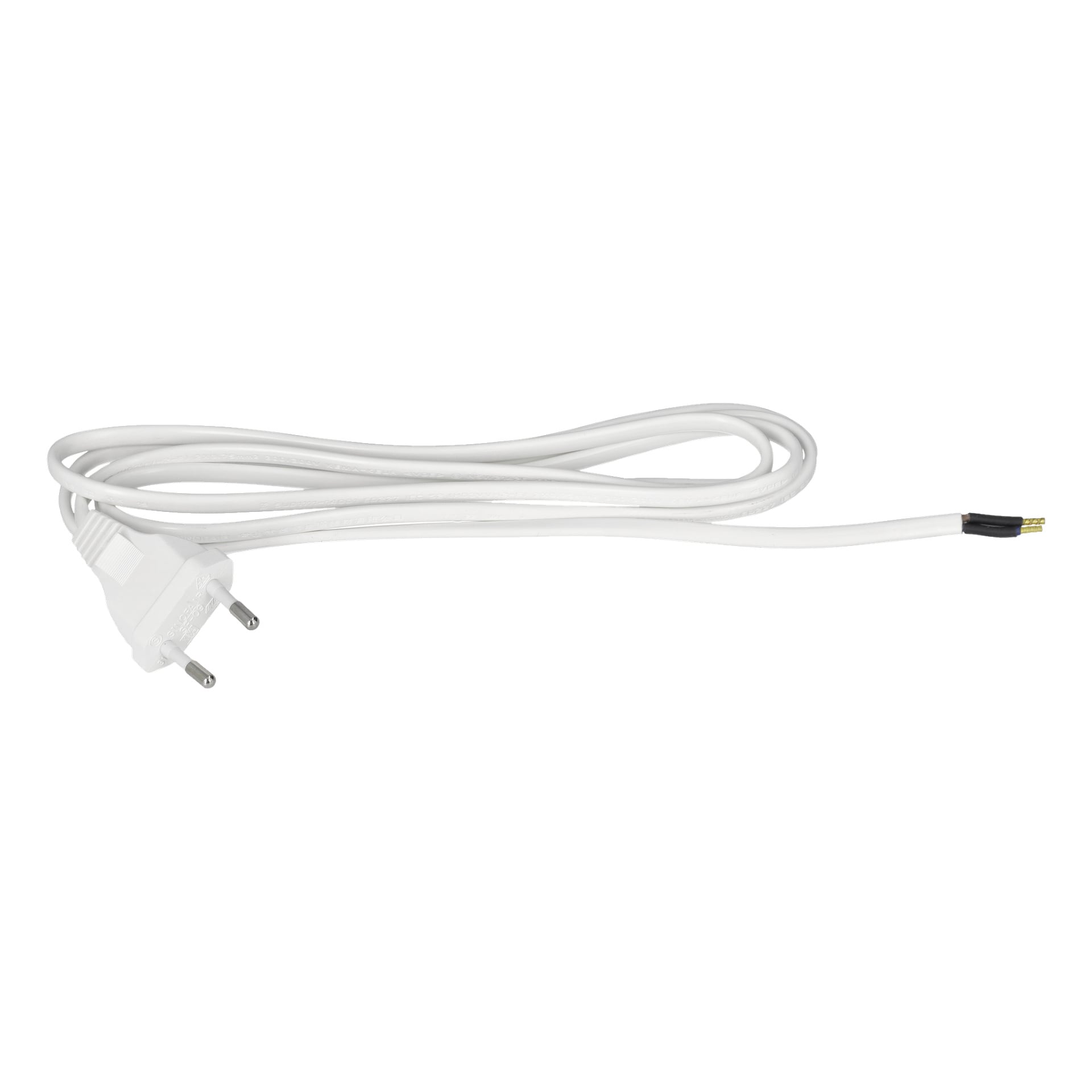 Anslut Unearthed-sladdset—vit strömkabel med en europeisk tvåstiftskontakt i ena änden och exponerade kablar i motsatta änden.