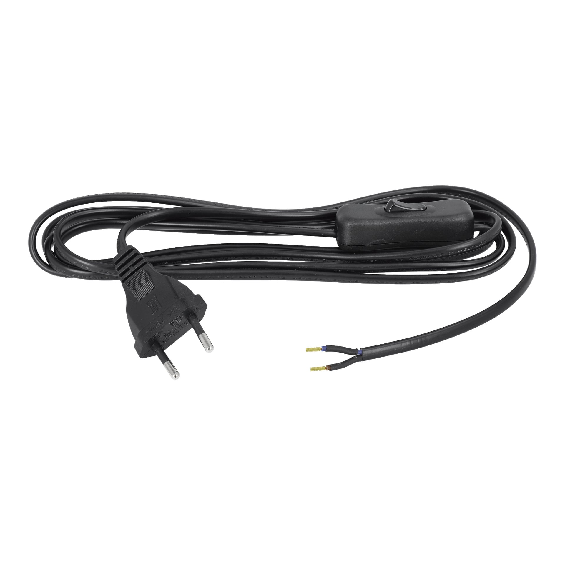 Ett svart Anslut-sladdset med en inline-switch inkluderar en europeisk stil kontakt och två exponerade trådspetsar. Kabeln är lindad för att hålla den organiserad.