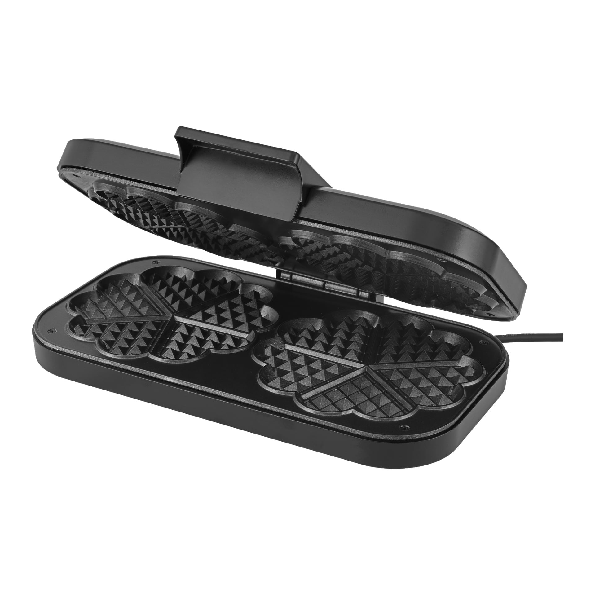 Ett svart dubbelvåffeljärn står öppet och visar två klöverformade, nonstick-mönstrade tallrikar för att göra våfflor. Enheten är inkopplad.