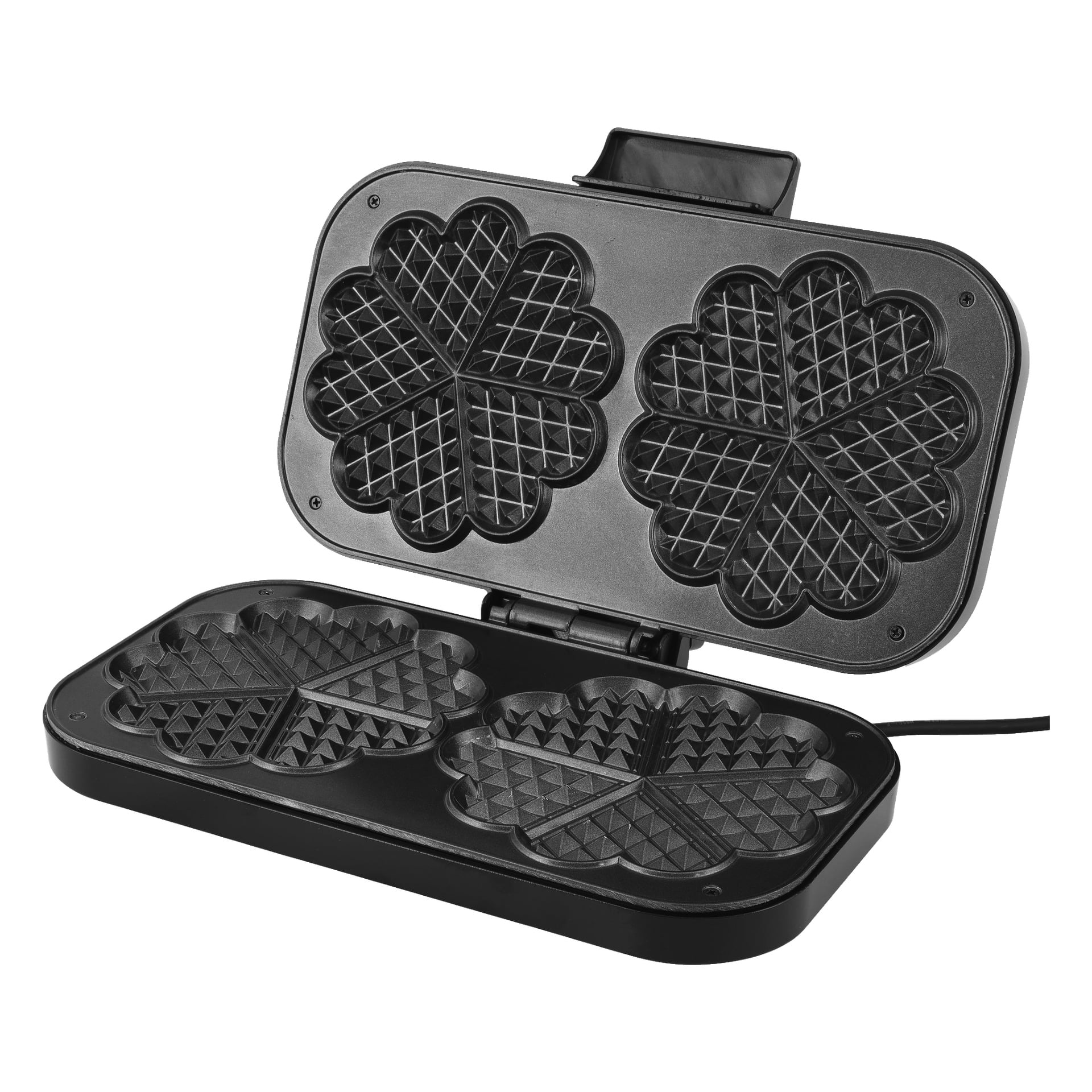 Ett Bright Double Waffle-Iron är inkopplat, med två svarta tallrikar med hjärtformade mönster indelade i fem sektioner vardera, samt ett handtag placerat på det övre locket.