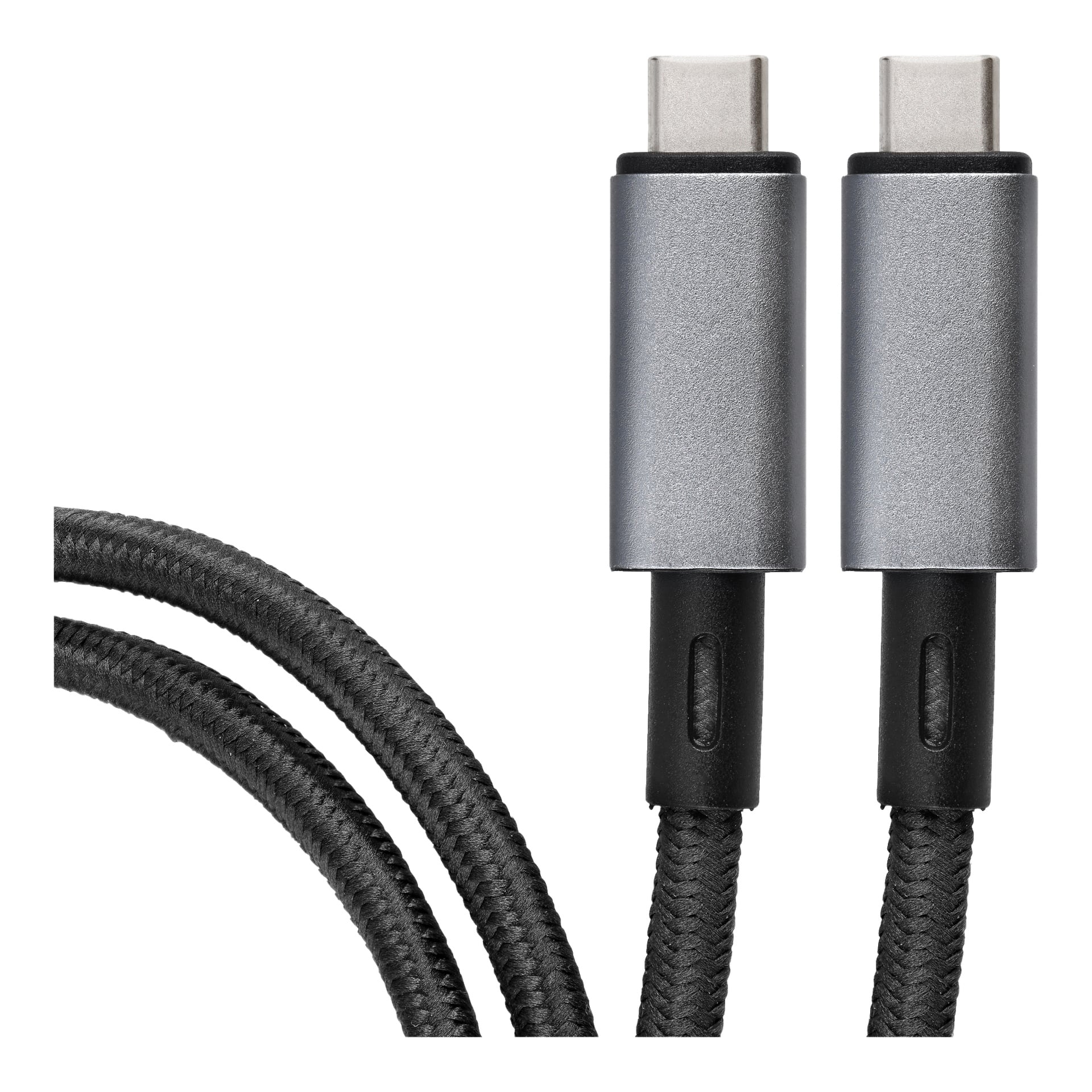 Lähikuva Anslut Charger -kaapelista USB-C/USB-C näyttää kaksi punottua mustaa USB-C-liitintä, joissa on metallinharmaat kotelot vierekkäin.