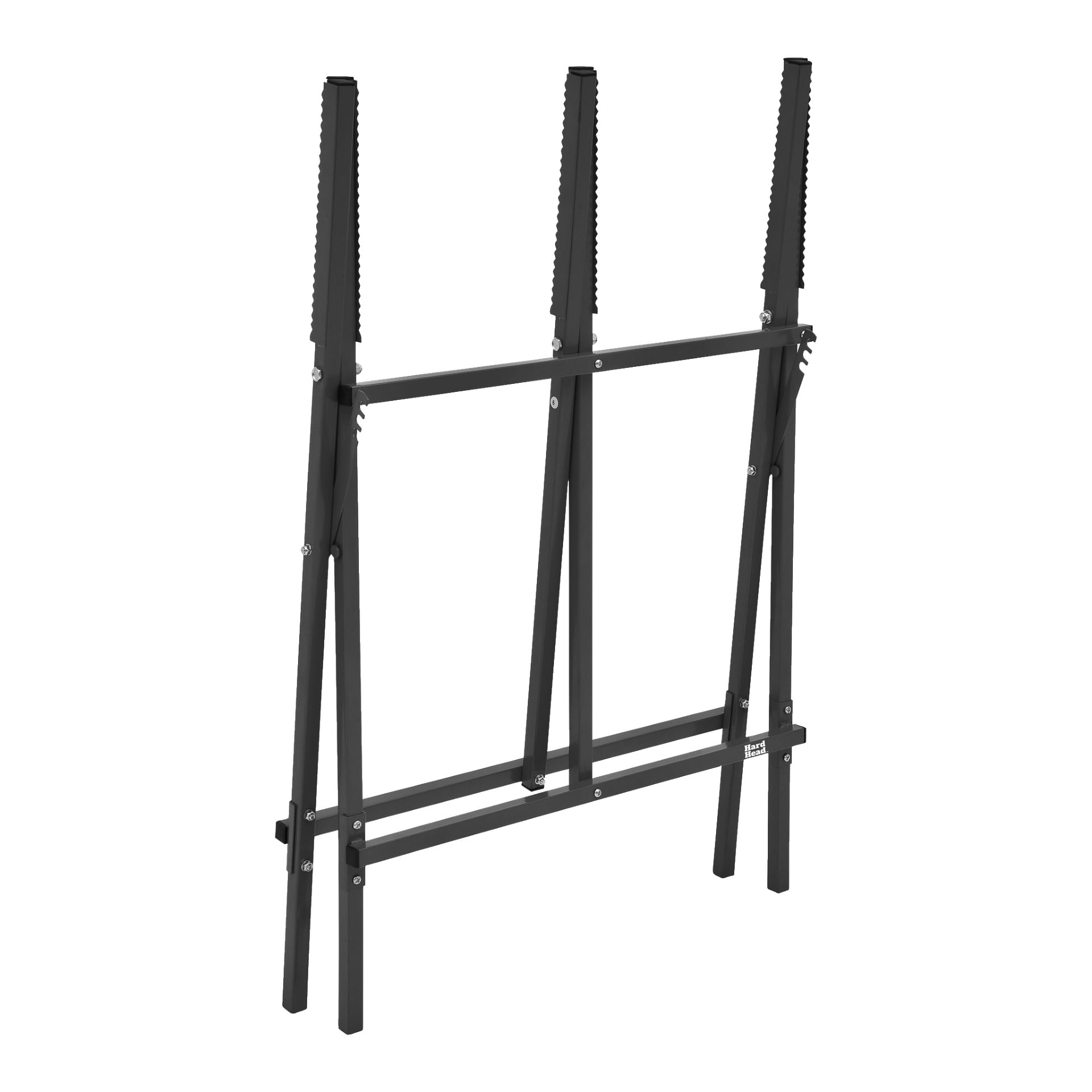 En svart metallsägbok från Hard Head, designad med tre upprättstående stöd och fyra ben toppade med tandade kanter. Den hopfällbara ramen visar flera fogar och skruvar längs dess konstruktion.