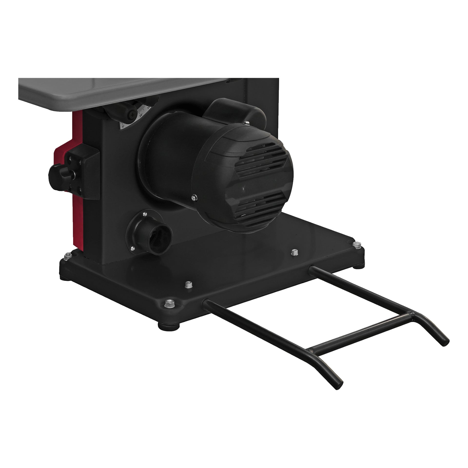 Närbild av Bandsaw BW-W HOME 300 av Meec Tools, som visar dess bas, motorhus och svartmetallställ med två stänger.