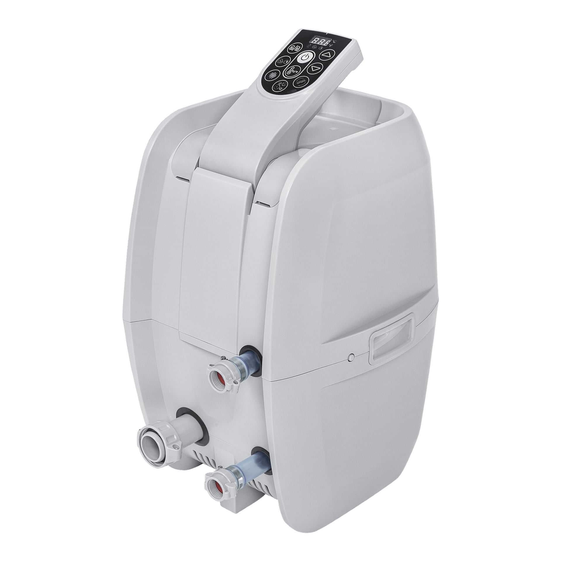 LAY-Z-SPA Riviera AirJet filterpumpen från Bestway Spa är vit och har en digital kontrollpanel med siffror och ikoner ovanpå. Den har två slangkopplingar placerade längst fram, ett handtag på toppen och ett infällt handtag på sidan som är utformat för enkel transport.