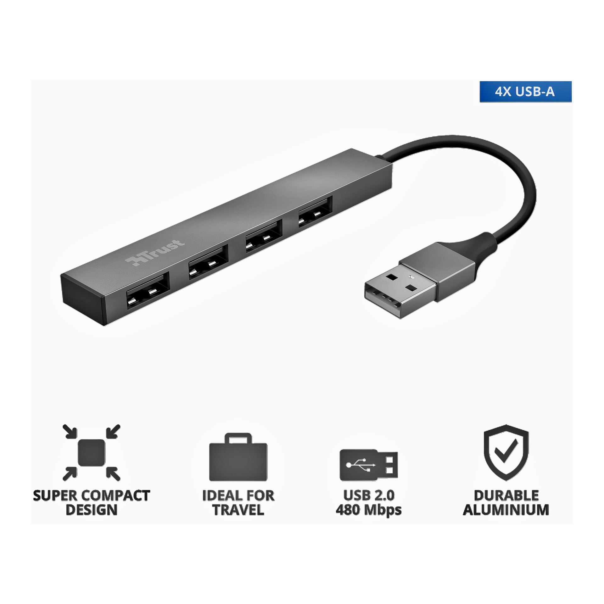 Trust USB-hubben Halyx är en slim, rektangulär enhet med fyra USB-A-portar, en kort kabel och en metallisk finish. Den är kompakt för resor, levererar 480 Mbps och har hållbar aluminiumkonstruktion.
