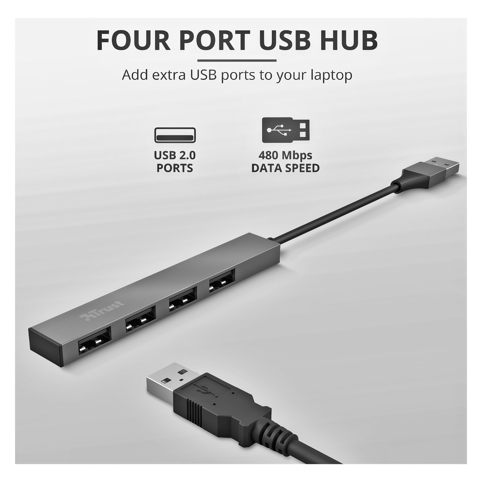 Den svarta Trust USB-hubben Halyx har fyra USB 2.0-portar, stöder 480 Mbps dataöverföring och levereras med kabel och USB-kontakt; den är kompatibel med bärbara datorer.
