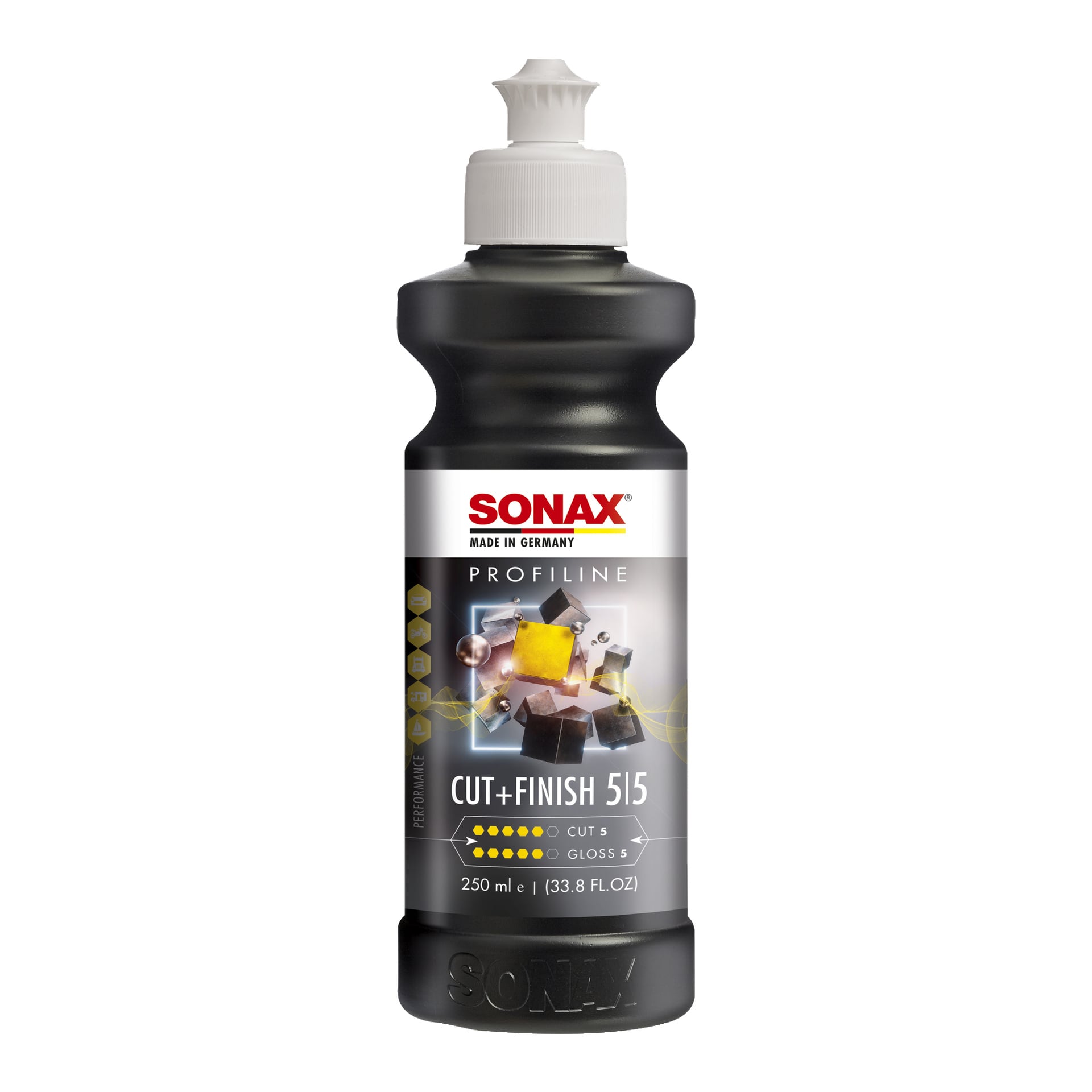 En svart Sonax Polish Profiline Cut & Finish bilpolishflaska med vit kapsyl och en etikett som visar detaljer som dess volym på 250 ml (33,8 fl. oz.) och att den tillverkades i Tyskland.