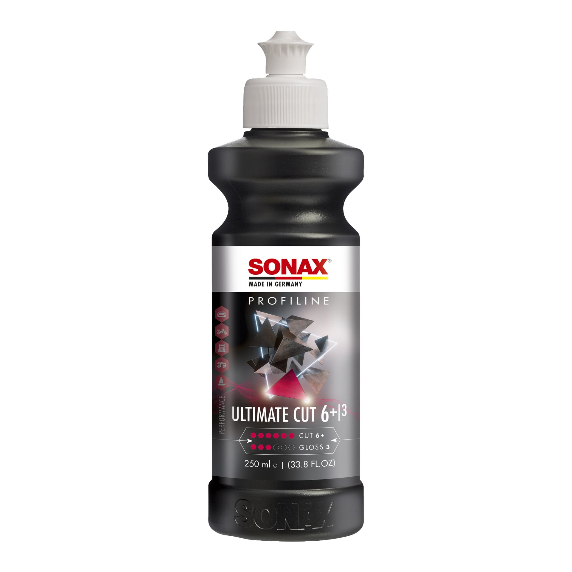 En 250 ml Sonax Polish Profiline Ultimate Cut bilpolishflaska visas. Flaskan är svart med ett texturerat grepp och vit kork, och etiketten visar geometriska mönster tillsammans med produktinformation.