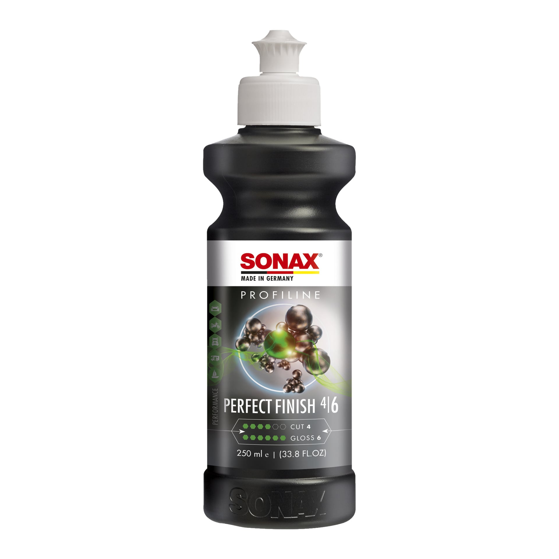 En 250 ml svart plastflaska Sonax Polish Profiline Perfect Finish bilpoleringsmedel med vit lock. Etiketten visar olika grafik och produktdetaljer, framhävda av gröna, silver- och röda detaljer.