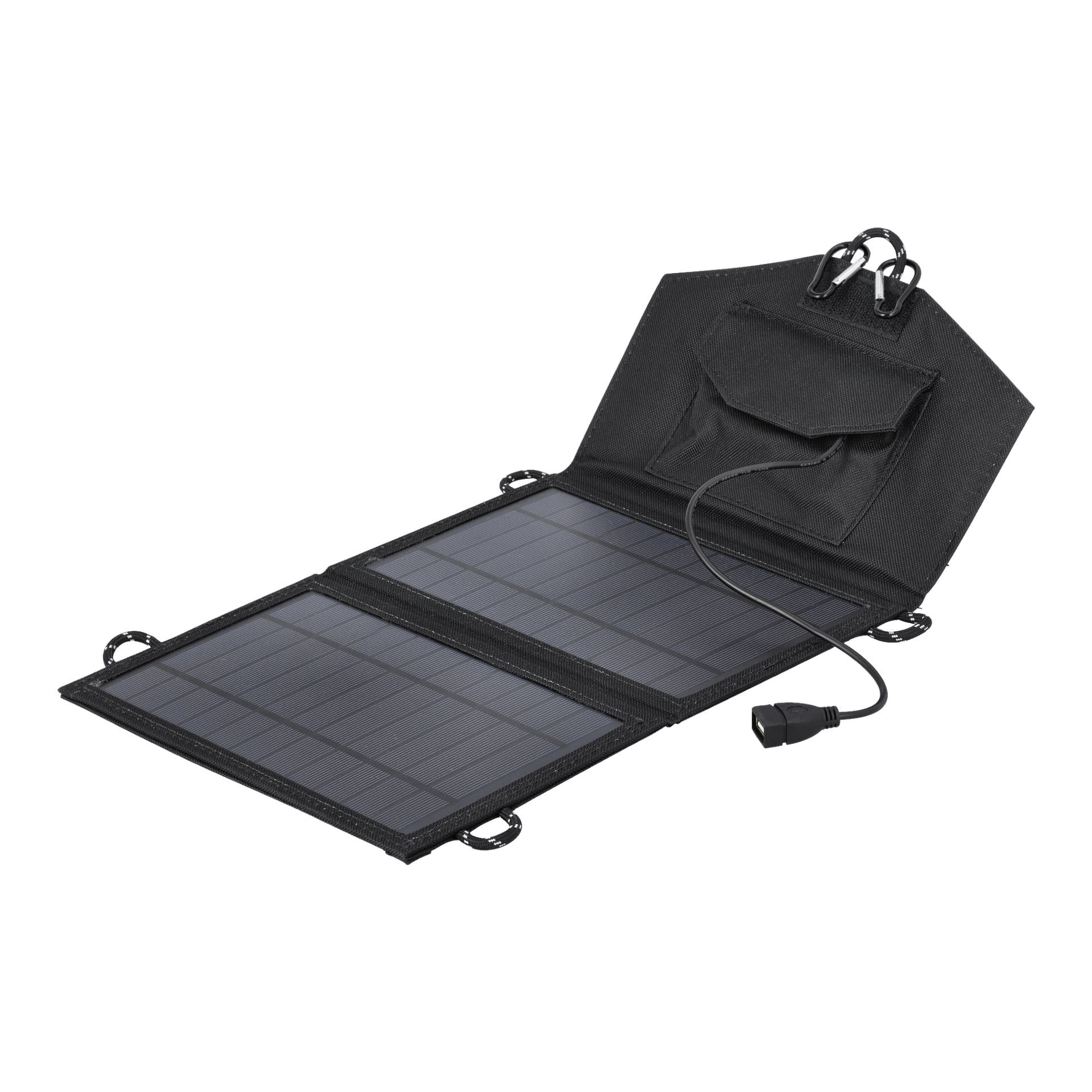 Kayoba Outdoor Folding Solar Cell Charger är delvis öppen och har en slank svart design med en fäst förvaringsficka och en ansluten strömkabel.