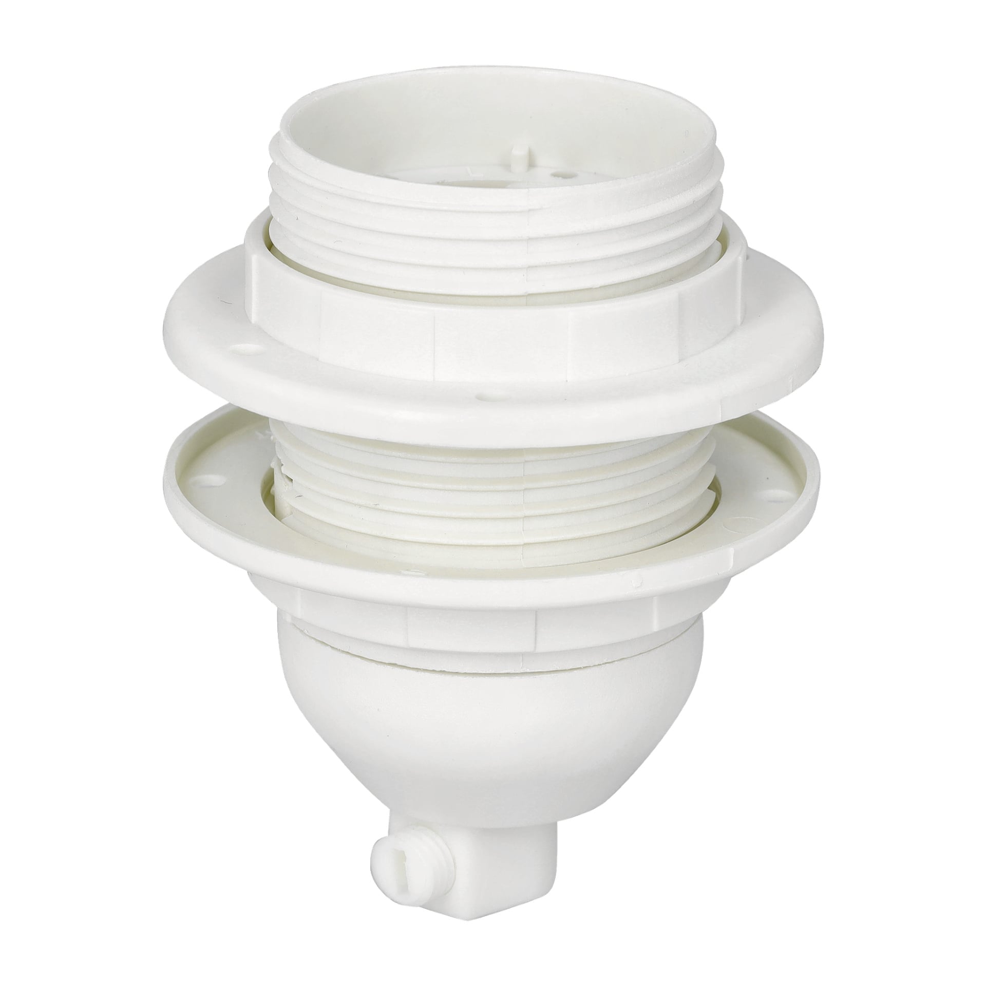 Vit plastsockel för Anslut-lampor med två cirkulära flänsar och en liten pip längst ner, designad för belysningsarmaturer.