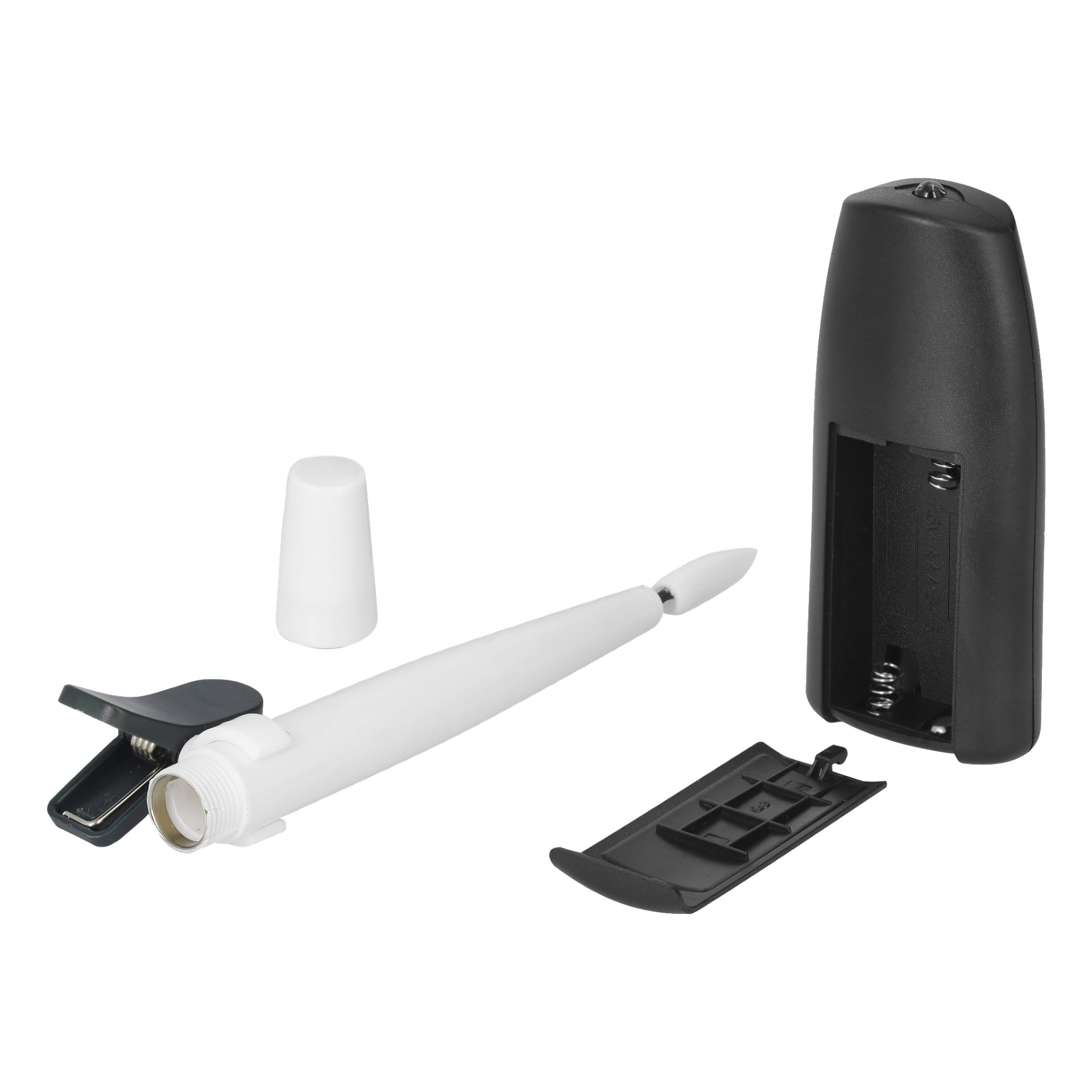 Ett 25-pack med EKVIP batteridrivna LED-julgransbelysningar med vit belysning, svart batterifackslock och ett svart handtag som visar en öppen batteriplats.