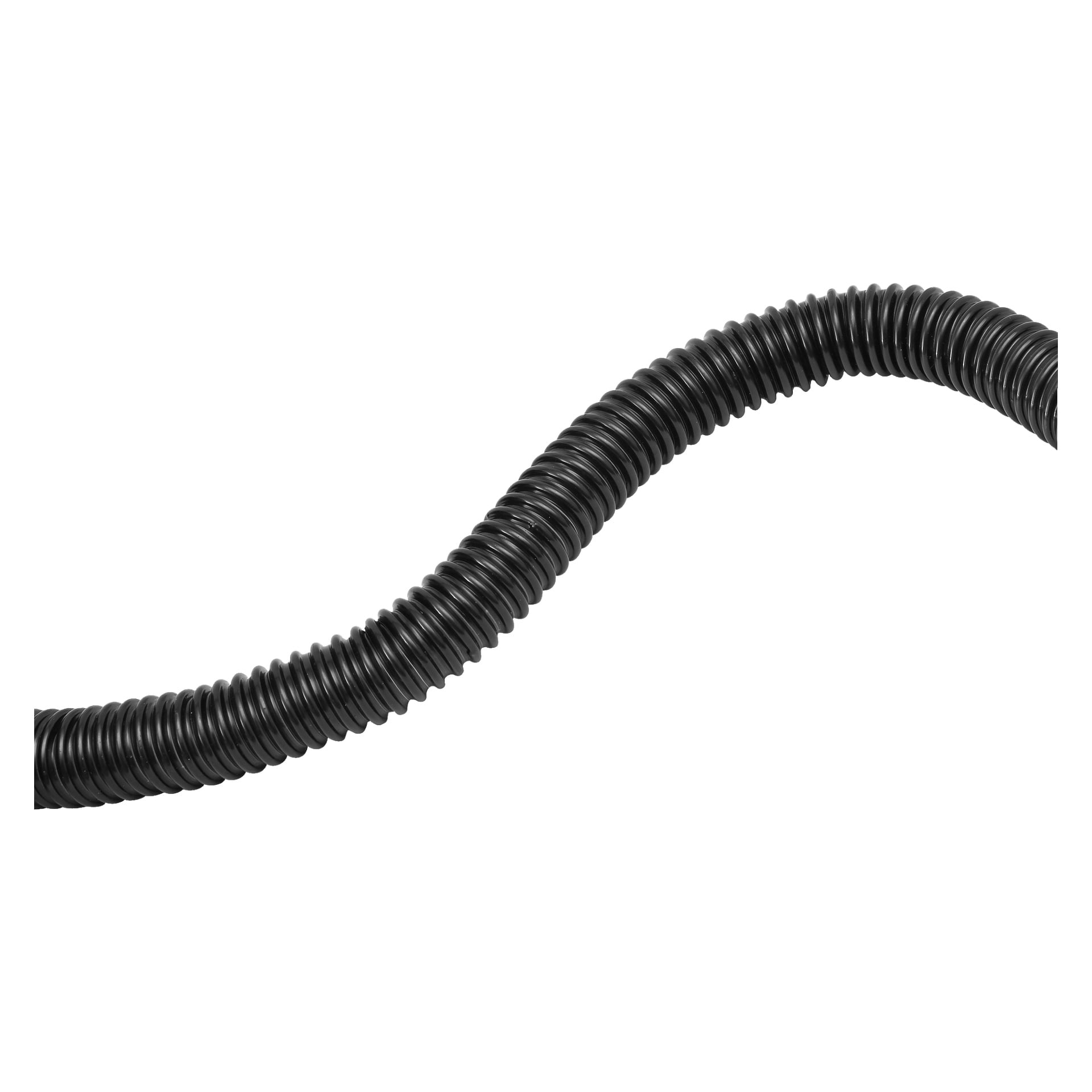 En sugslang från Meec Tools med svart korrugerad plast och jämnt fördelade åsar böjs i en mjuk vågform.