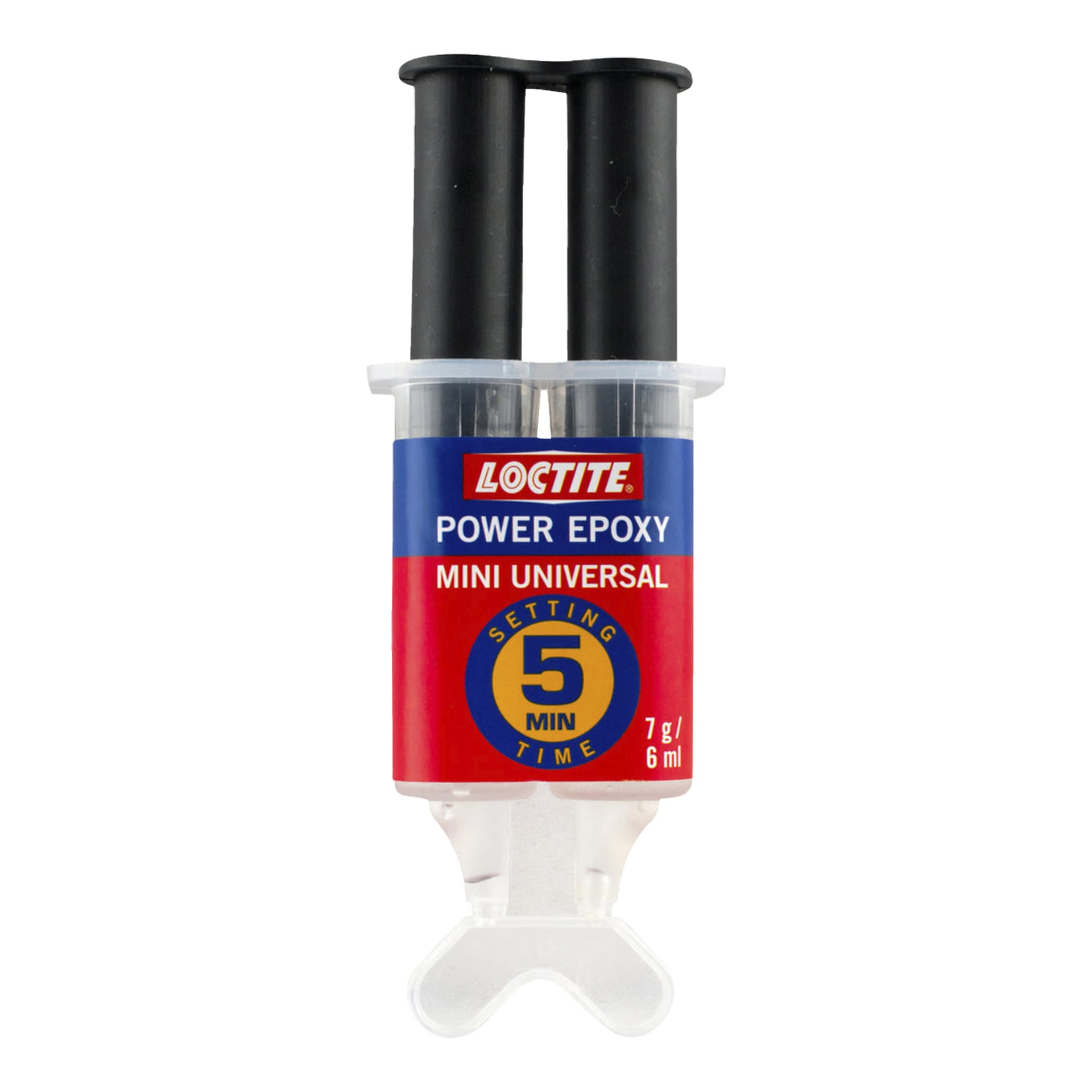 Ett Loctite Power Epoxy Mini Universal-lim i en dubbelspruta dispenser, märkt med en 5-minuters inställartid, rymmer 7 gram (6 ml) lim.