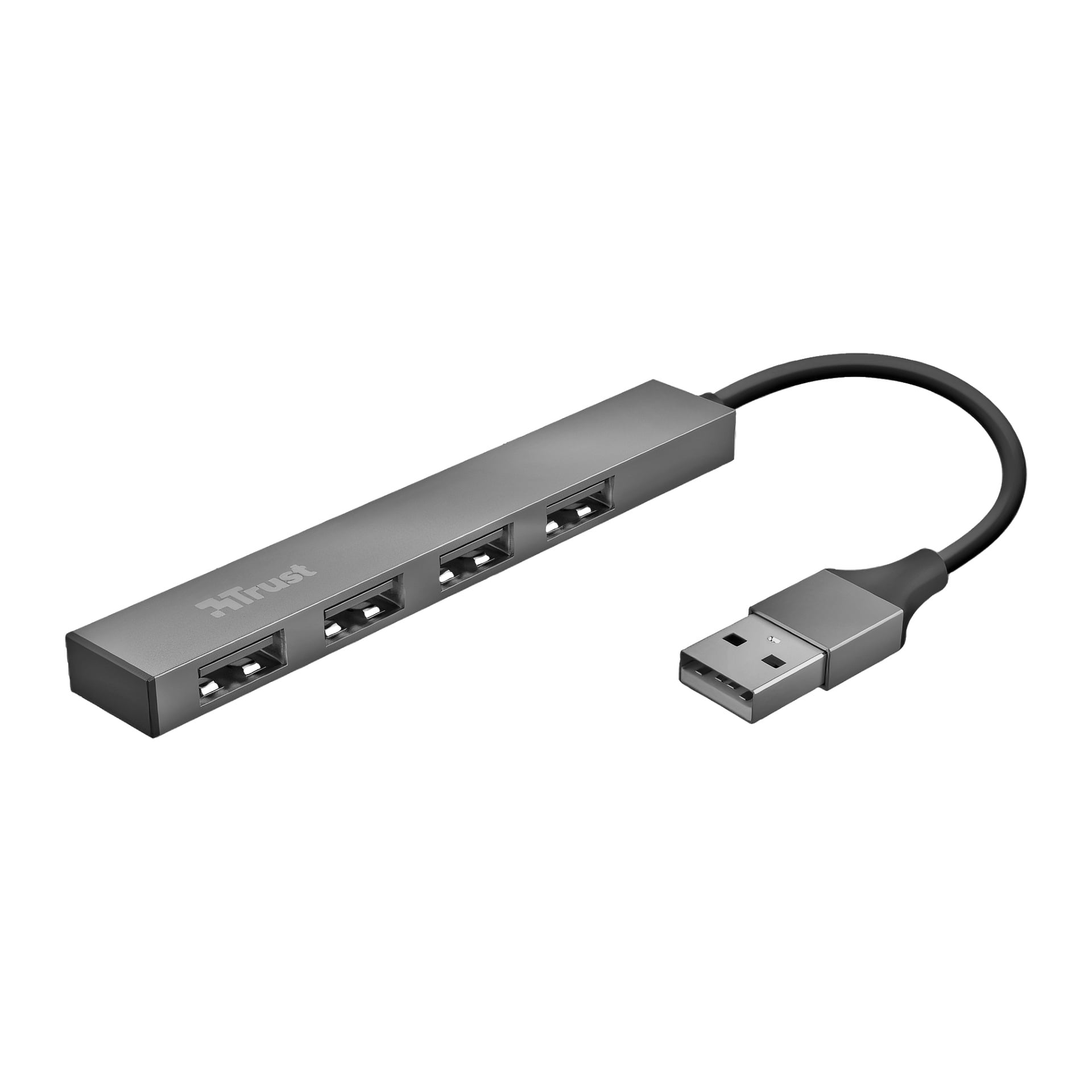 Den grå Trust USB-hubben Halyx har fyra USB-portar, en kort kabel som slutar i en USB-A-kontakt, och varumärket Trust tryckt ovanpå.