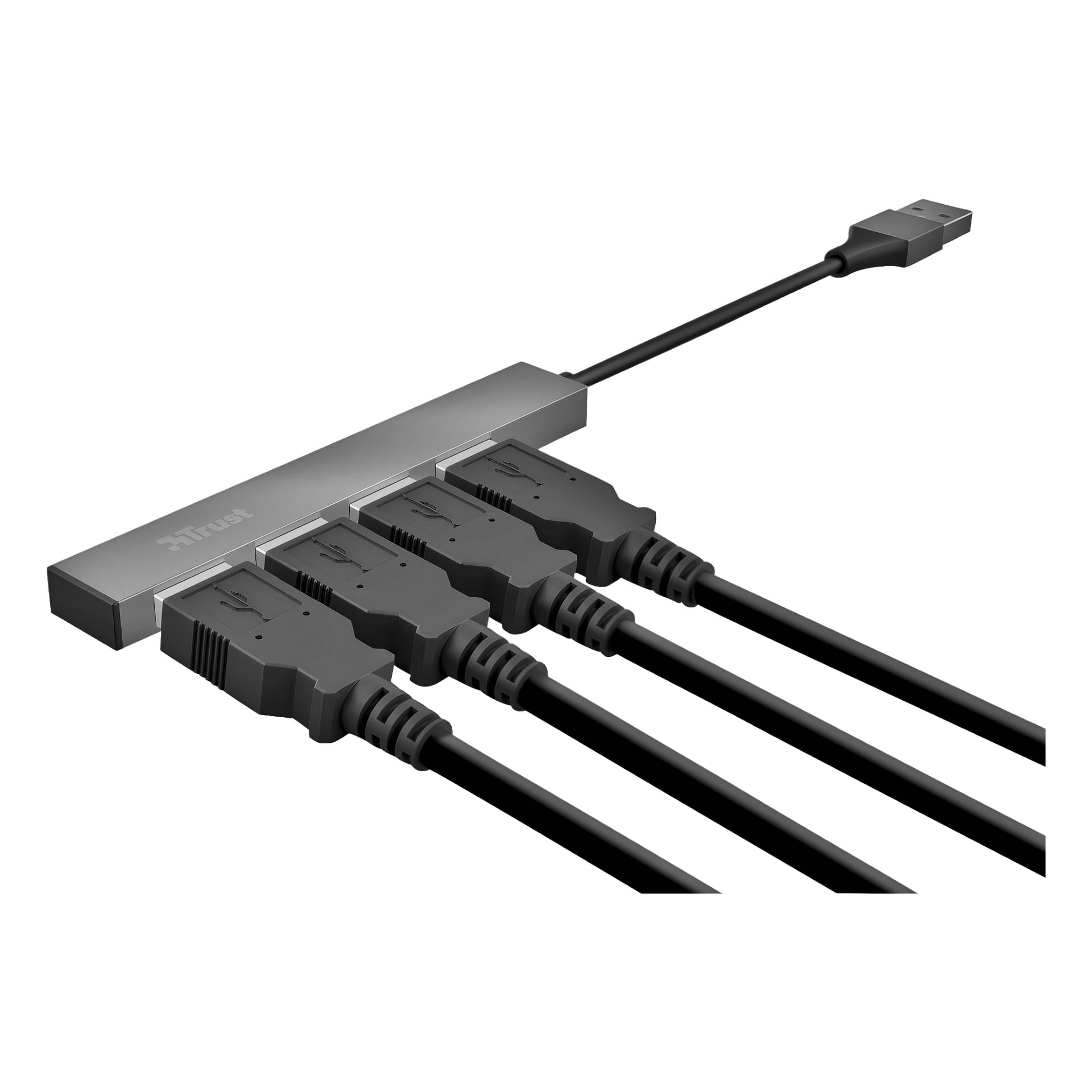 Trust USB-hubben Halyx har ett rektangulärt metalliskt utseende, fyra USB-portar med kablar anslutna och en kabel som slutar i en USB-kontakt. Hubben visar varumärket Trust.
