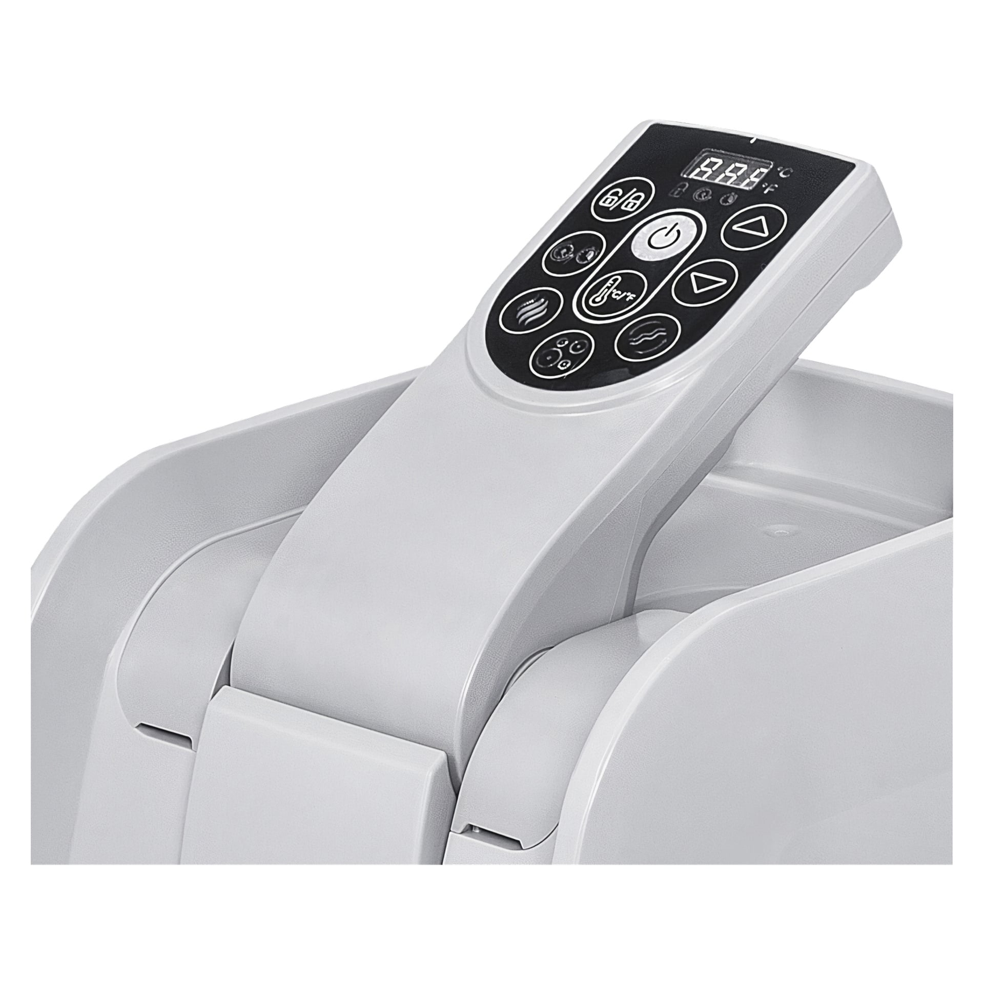 Närbild av Bestway LAY-Z-SPA Riviera AirJet spabad, med en vit kontrollpanel med digital temperaturavläsning och flera svarta knappar med tydligt synliga vita symboler.
