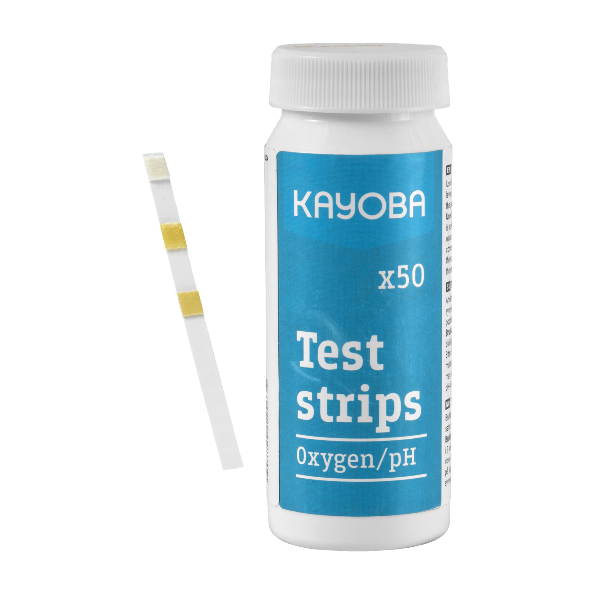 En vit flaska märkt "Kayoba Test Strips for pool 50 pack" står bredvid en testremsa med två gula pads, avsedda för att mäta syre- och pH-nivåer.