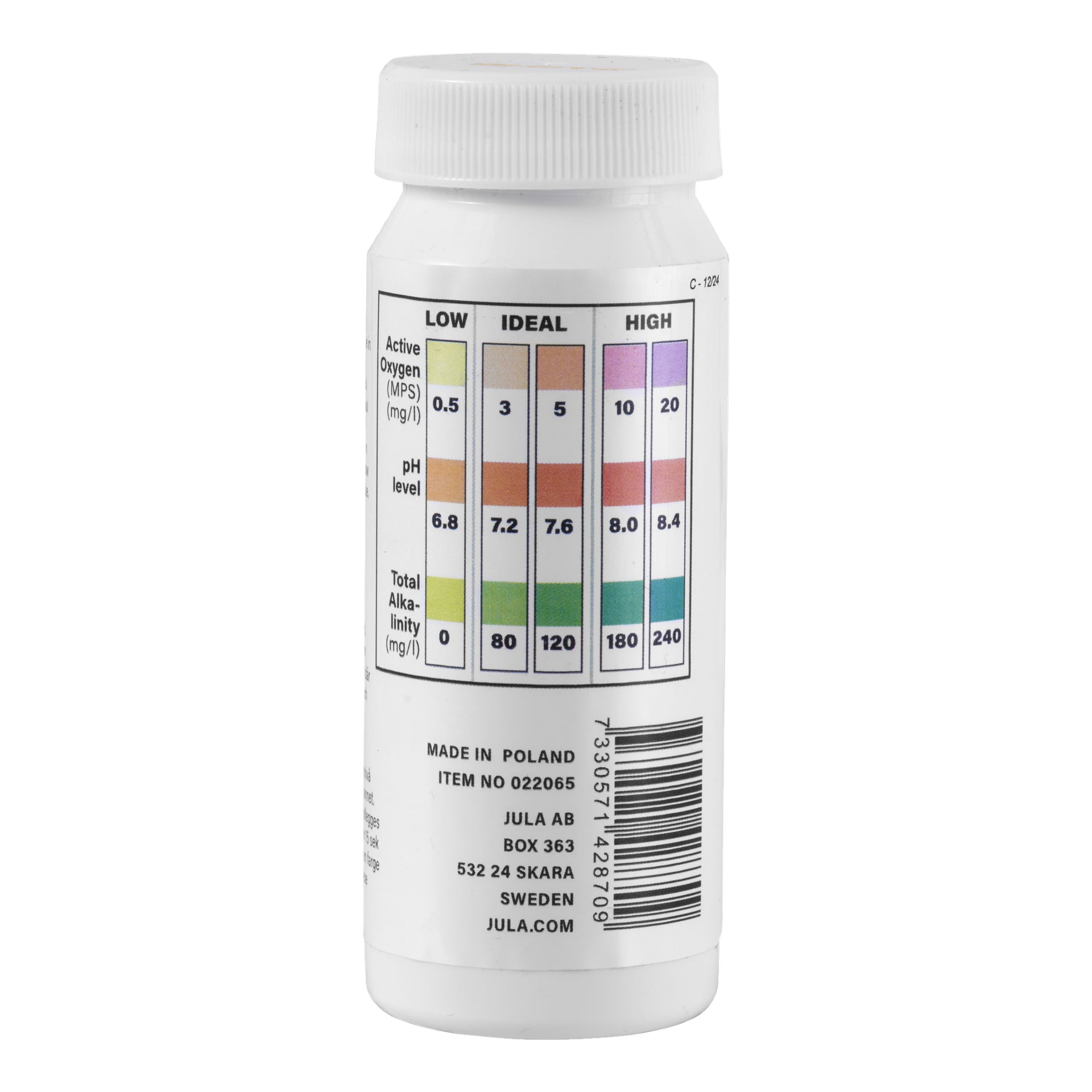 En vit plastflaska med 50 Kayoba Pool Test Sticks visar en etikett med tre distinkta färgkodade tabeller för att mäta aktivt syre, pH och total alkalinitet. Varje diagram markerar mätvärden och anger låga, ideala och höga intervall.