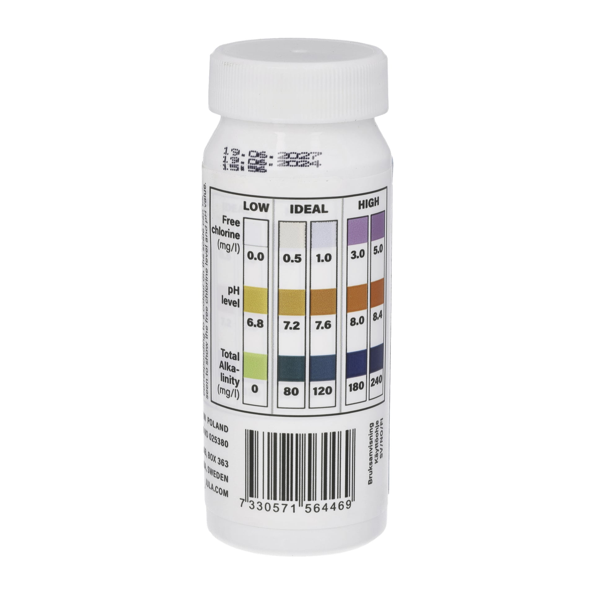 En vit Kayoba Test Strips-flaska för poolanvändning, med en färgkarta som visar intervallen för fritt klor, pH och total alkalin med etiketter för låg, ideal och hög nivå. Etiketten innehåller också en streckkod och mer beskrivande information.