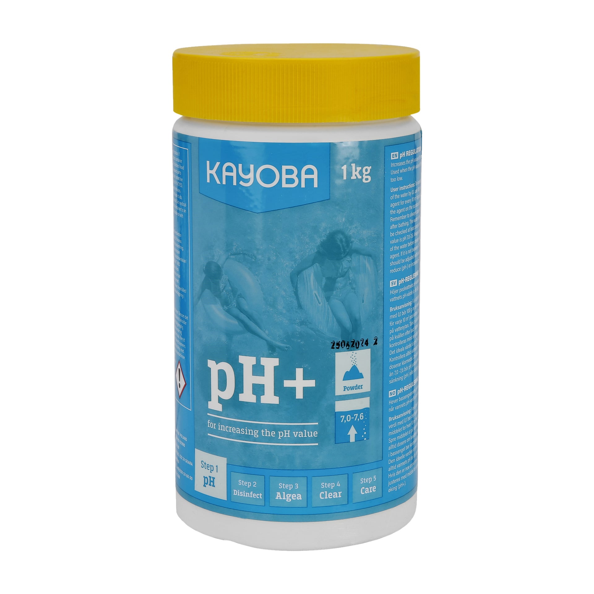 En 1 kg burk Kayoba pool pH-regulator med gult lock. Etiketten anger att det höjer poolvattnets pH och ger detaljerade instruktioner för korrekt poolunderhåll, vilket antyder ett optimalt pH-intervall mellan 7,0 och 7,6.