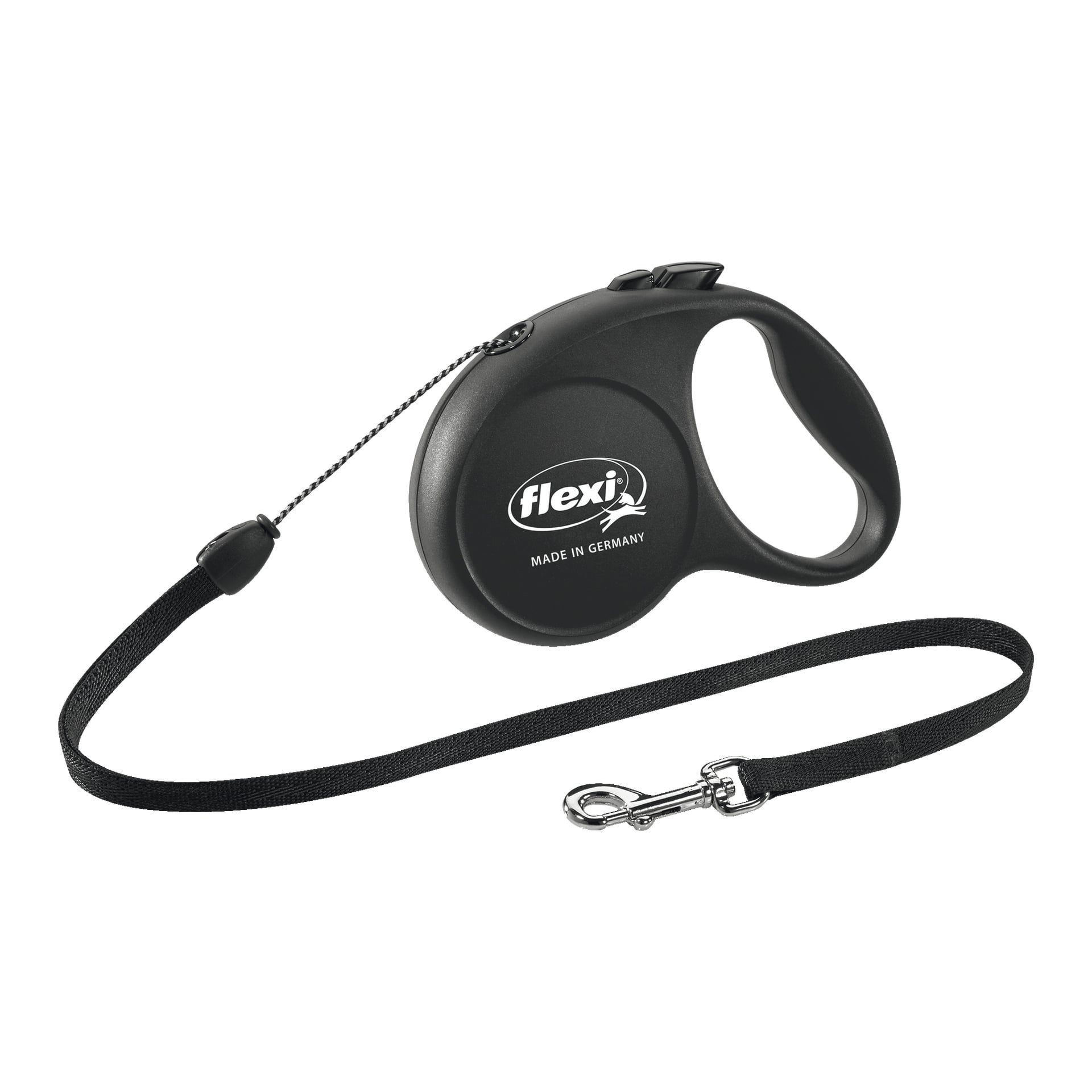Ett svart Flexi Fun hundkoppel med ett infällbart tunt snöre, plasthandtag och metallspänne, som visar Flexi-logotypen och "Made in Germany" på produkten.