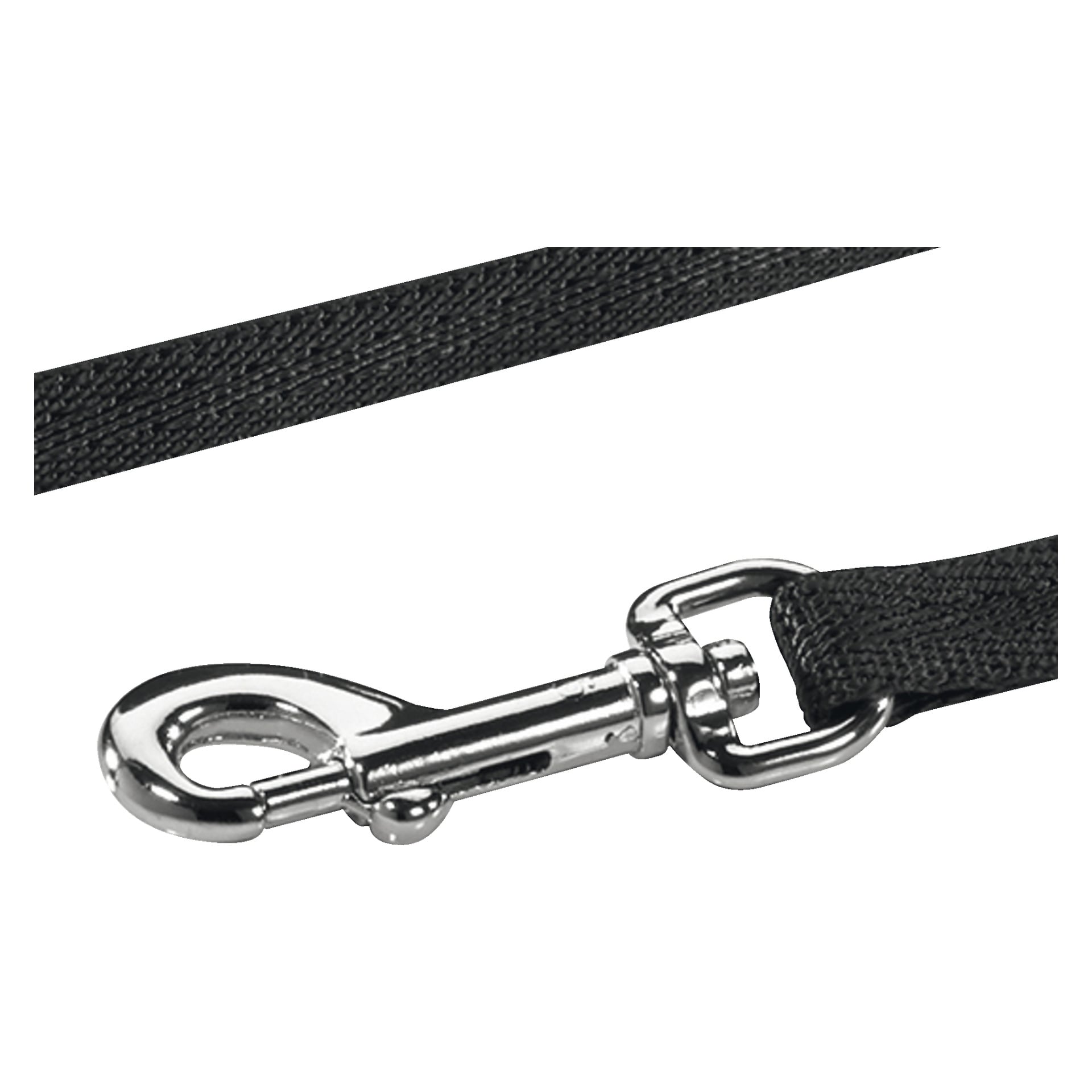 Närbild på Flexi-hundkopplet Fun by Flexi, som visar dess svarta tygmaterial och metallspänne.