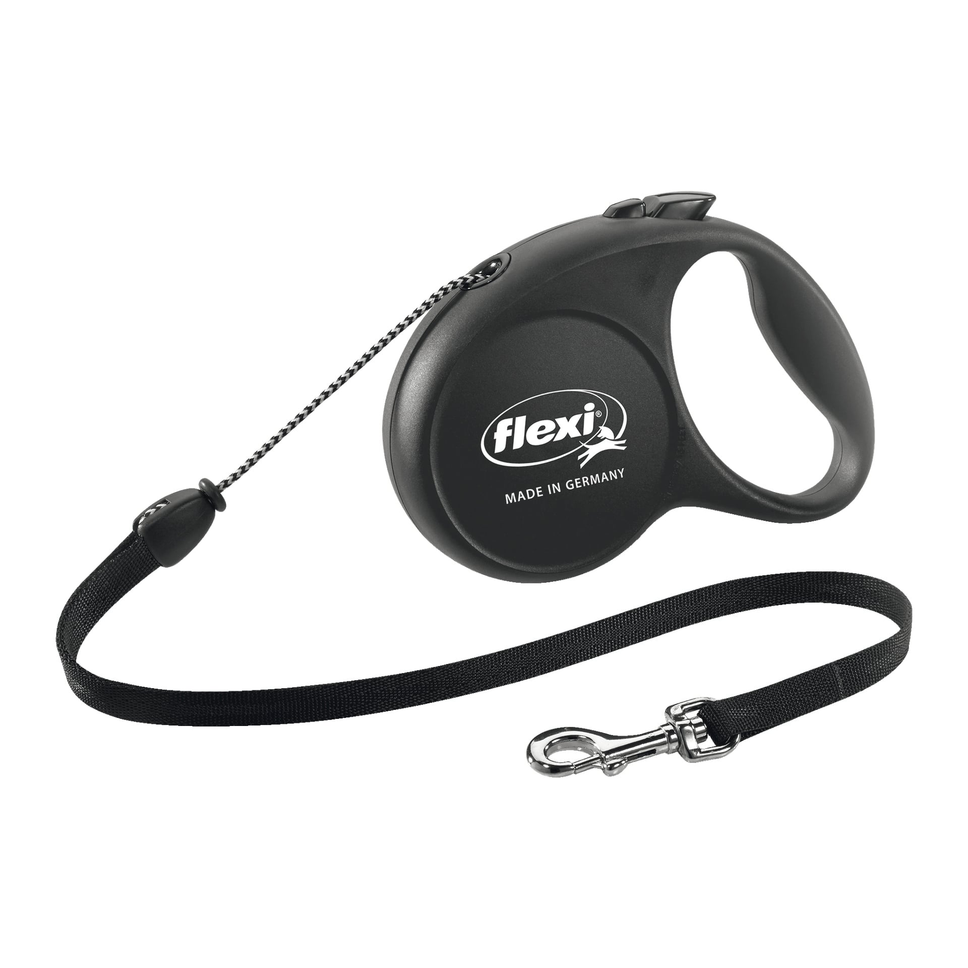 Ett svart infällbart Flexi Fun-koppel med plasthandtag, justerbar knapp och ett metallklämma för att fästa i hundhalsbandet. Flexi-logotypen syns på sidan.