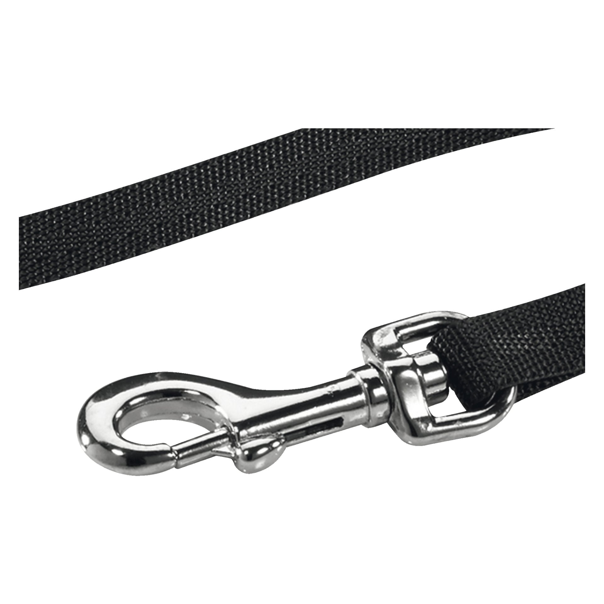 En närbild på Flexi-hundkoppelet Fun by Flexi, som framhäver dess svarta nylonkoppel och blanka metallspänne. Spännet är säkert fastsatt i kopplet för enkel fäste i halsband eller sele.