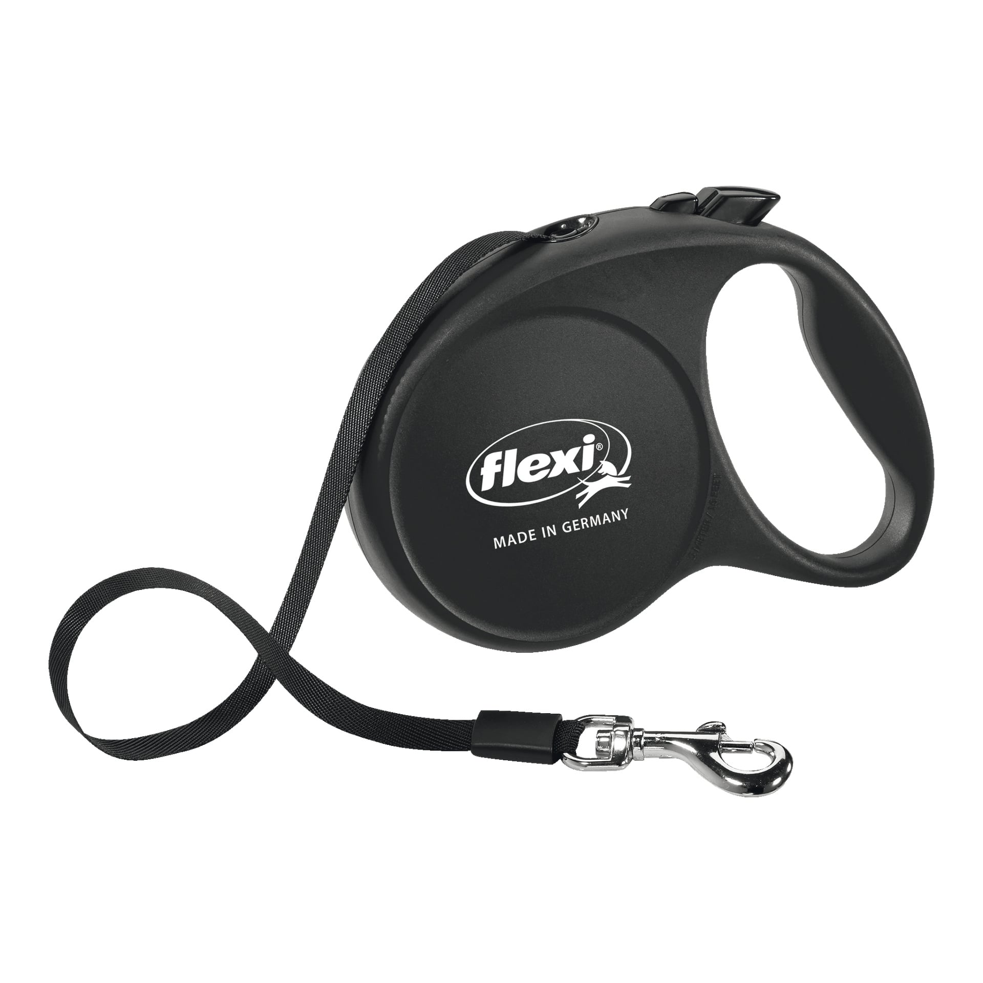 Ett svart Flexi Fun indragbart hundkoppel med ett silverfärgat metallspänne och ett svart handtag, med texten "flexi Made in Germany" på sidan.