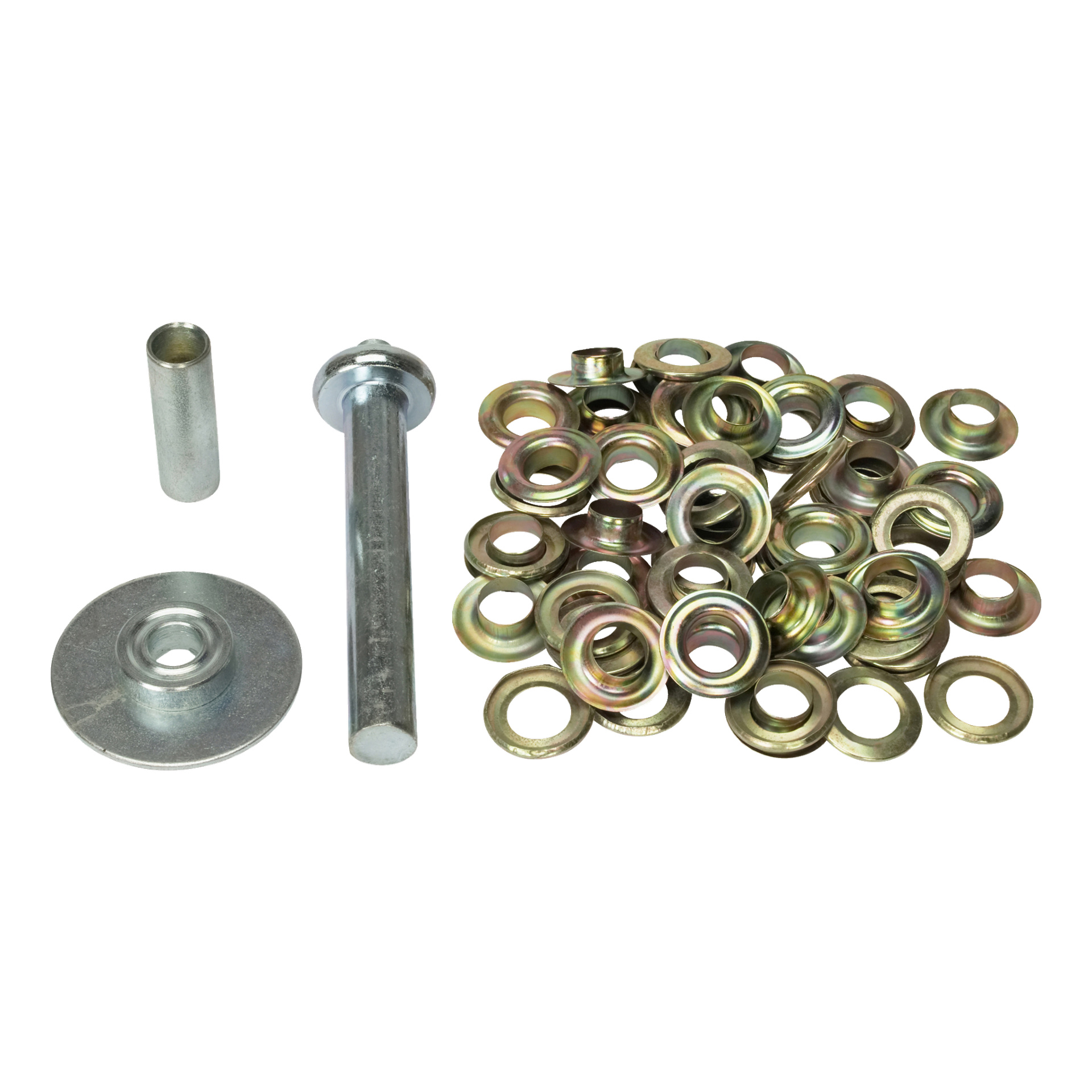 Ett Hard Head Eyelet-kit med en hög av 30 pack-göljetter och stans finns till höger, medan inställningsverktyget, distansen och brickan är prydligt placerade till vänster.