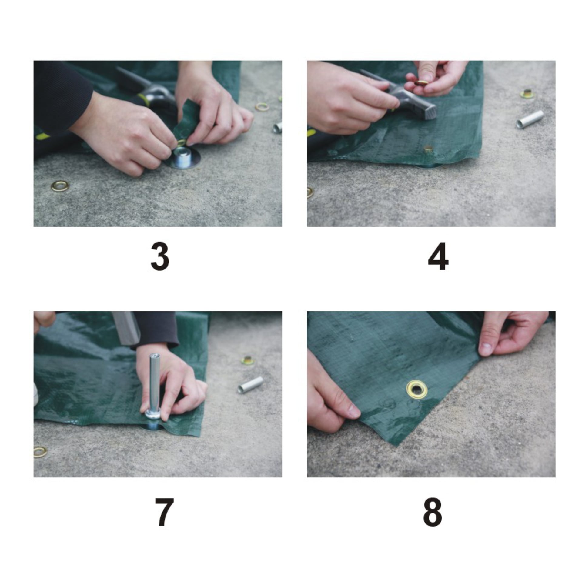 En sekvens av fyra bilder (märkta 3, 4, 7 och 8) visar steg för att använda Hard Head Eyelet-kitet med hål 30-pack för att fästa en metallring på en grön presenning lagd på betong: att arrangera kitbitarna, använda stansverktyget, sätta en bult på plats och visa upp det färdiga öglet.