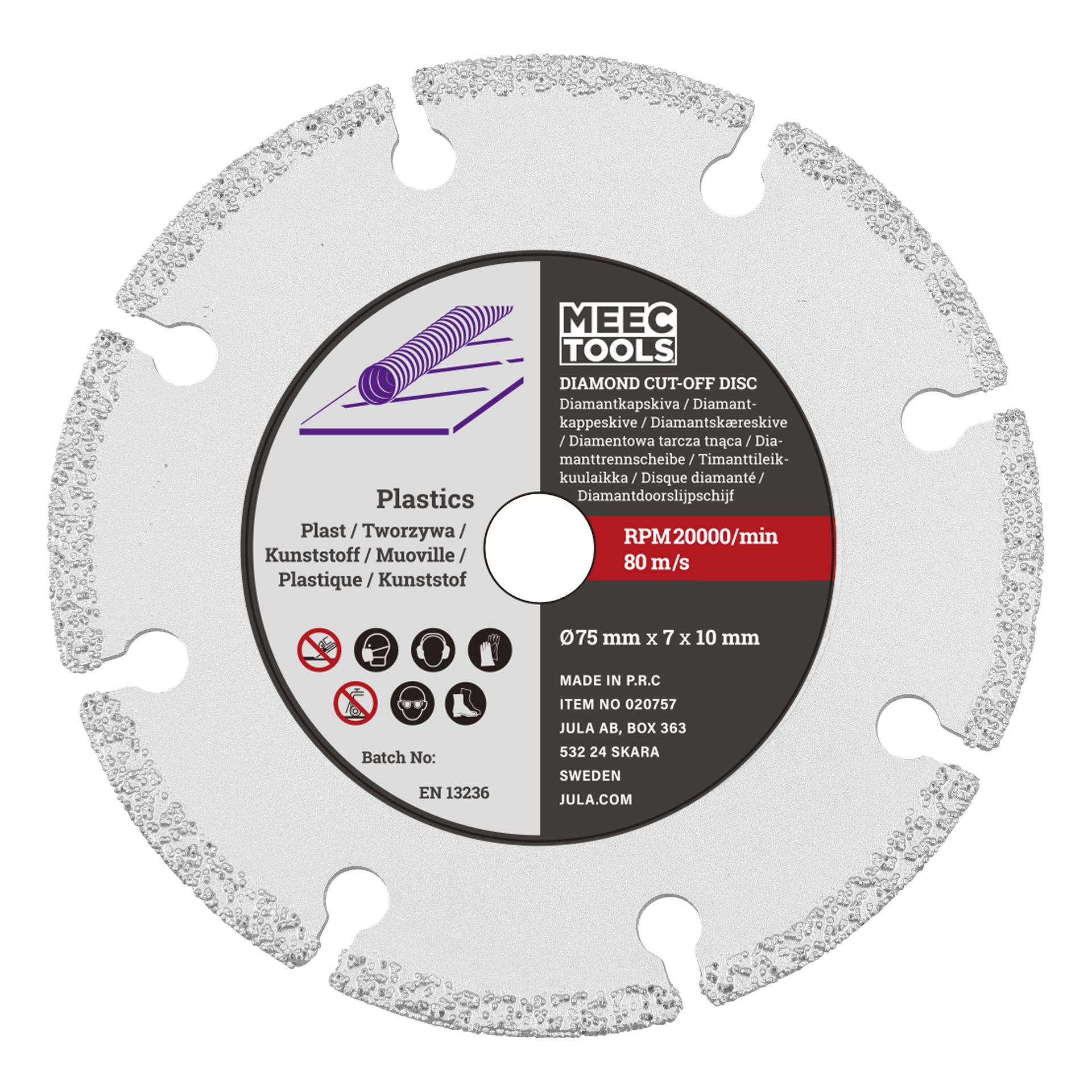 Meec Tools skärskiva för plaster, 75x7x10 mm, maxhastighet 20 000 varv per minut eller 80 m/s.