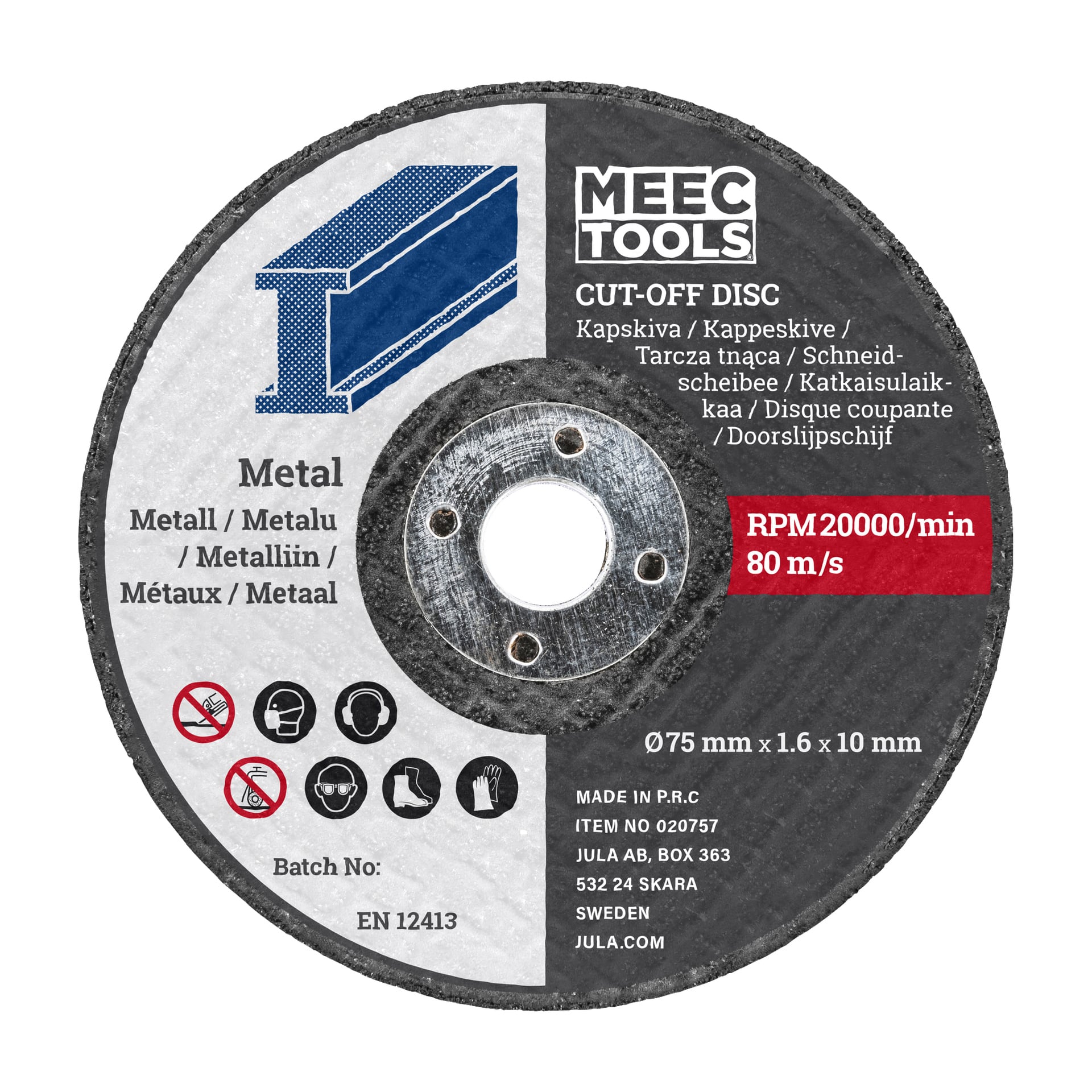 Ett set med tre Meec Tools-skärskivor designade för metall, där varje rund skiva visar specifikationer som 75 mm x 1,6 x 10 mm, en maxhastighet på 20 000 varv/min och en driftshastighet på 80 m/s. Skivorna har också olika användningsinstruktioner och specifikationstexter mot en grå bakgrund.