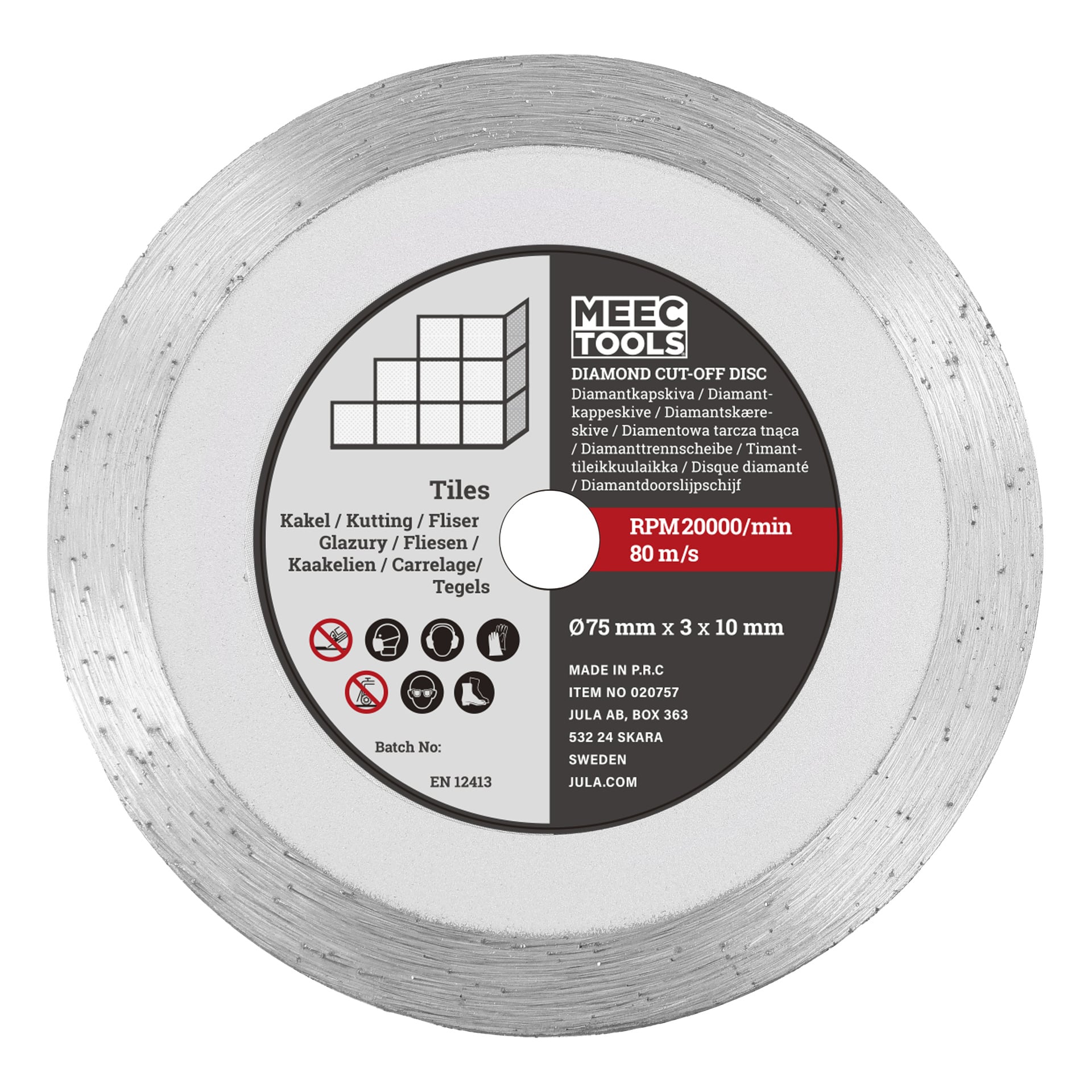 Meec Tools skärskivor för kakelplattor, cirkulära, 75 mm i diameter, 3 x 10 mm storlek, klassad för 20 000 varv per minut och 80 m/s; Innehåller instruktioner.