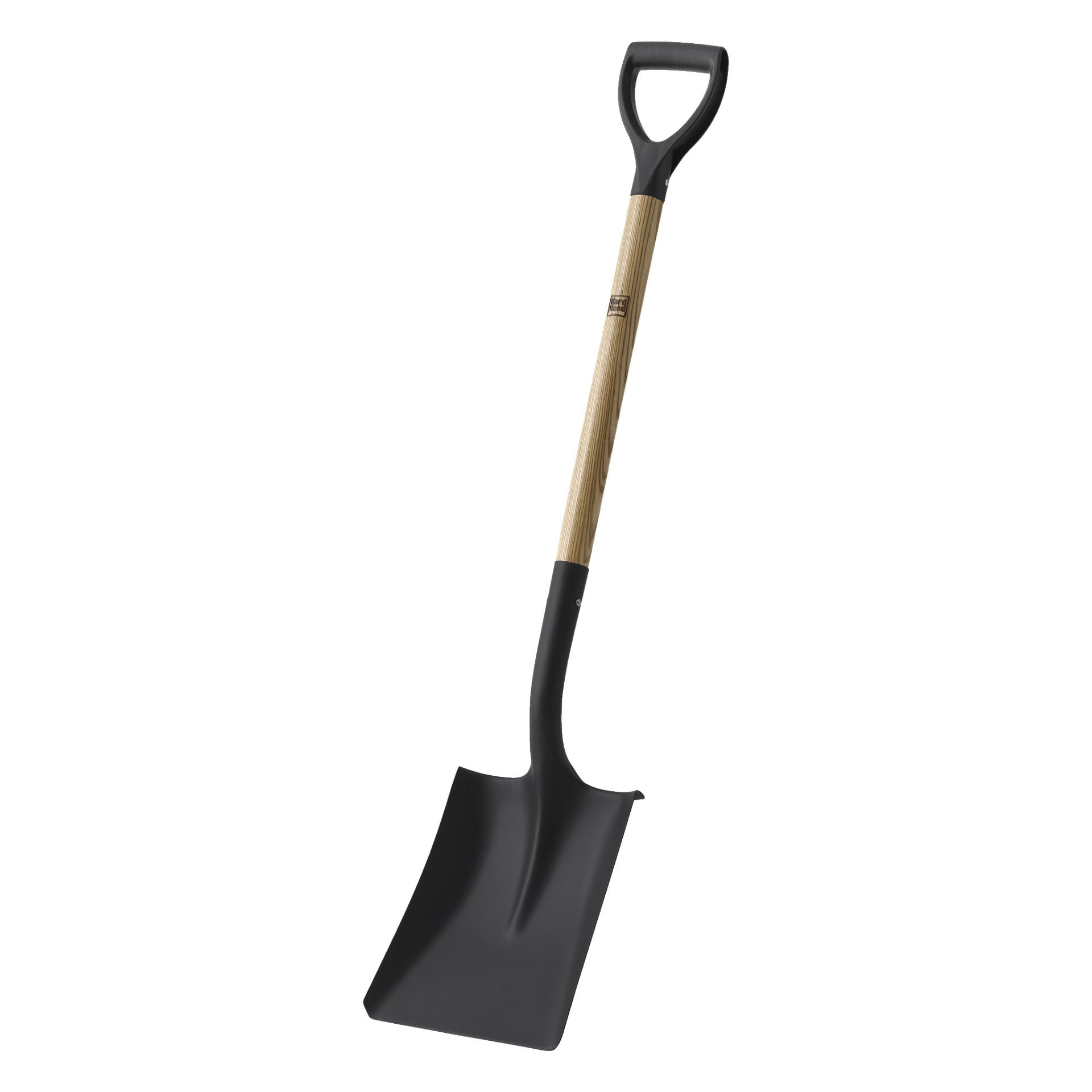 Hard Head Edging Spade har en enkel design, med ett trähandtag toppat med ett D-format svart plastgrepp. Dess blad är brett, platt och svart, vilket gör det praktiskt för kantarbete.