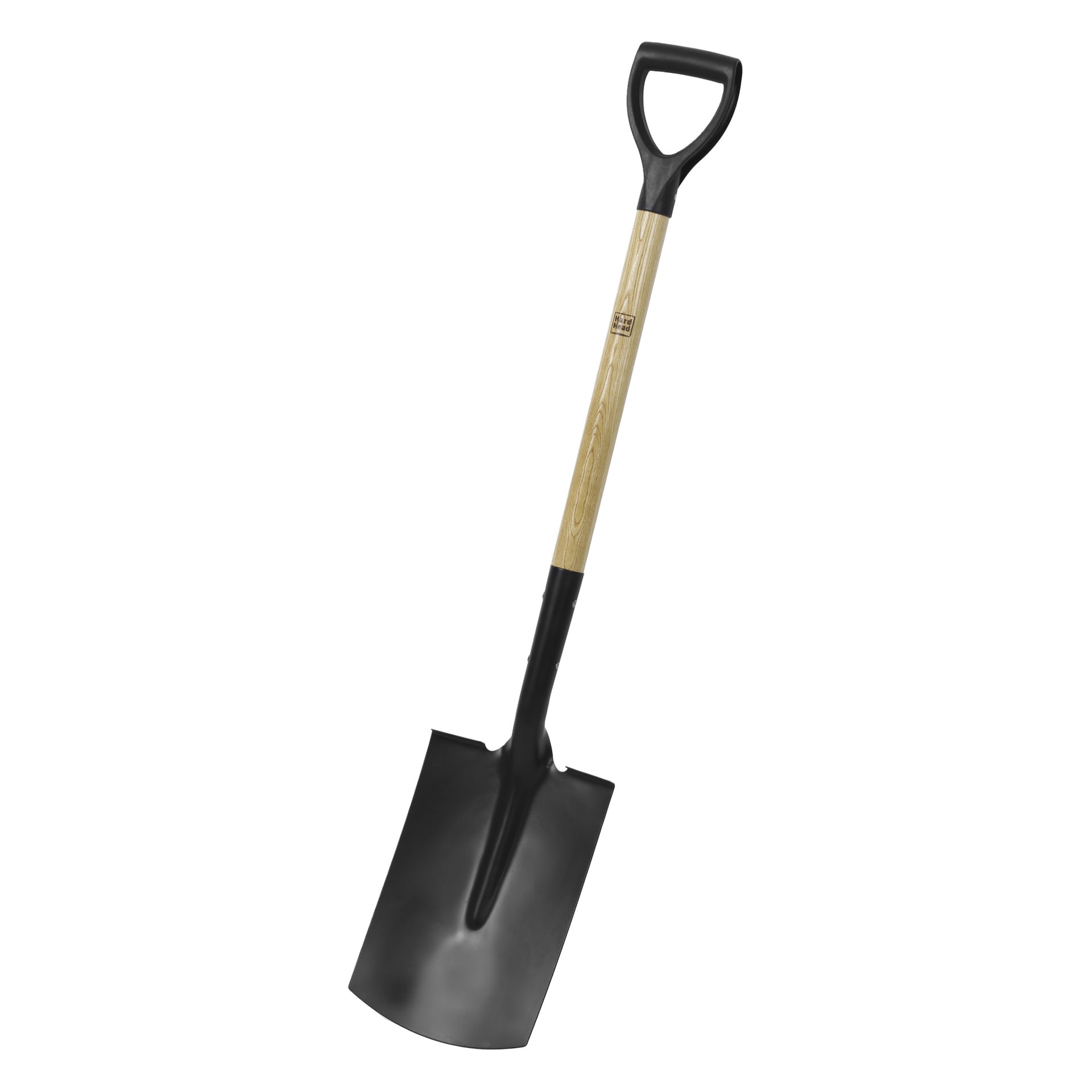 Hard Head kantspade har ett trähandtag, ett svart metallblad och ett svart plastgrepp med D-grepp upptill.