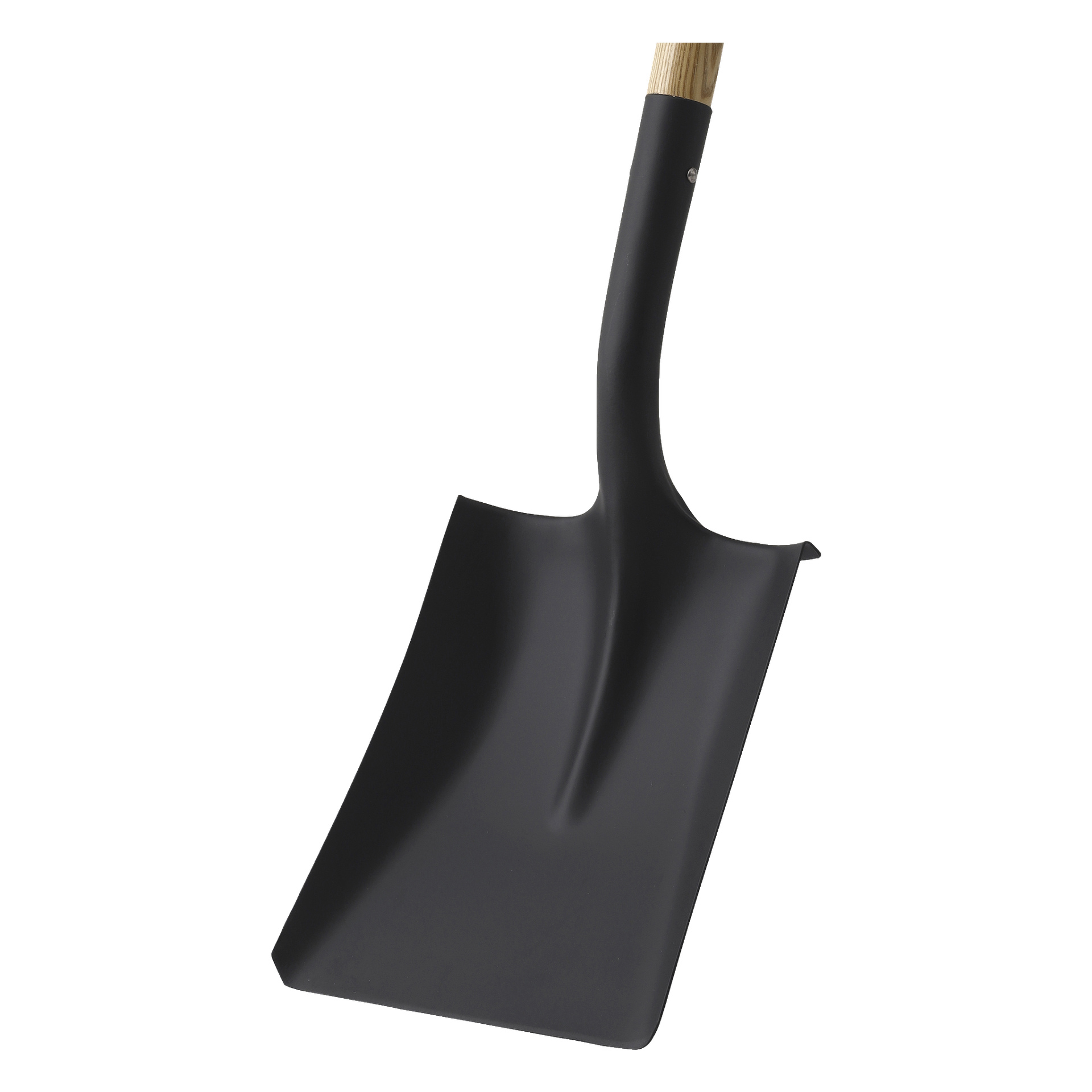 En närbild av Hard Head Edging Spade, som framhäver dess platta trähandtag och svarta metallscoop.
