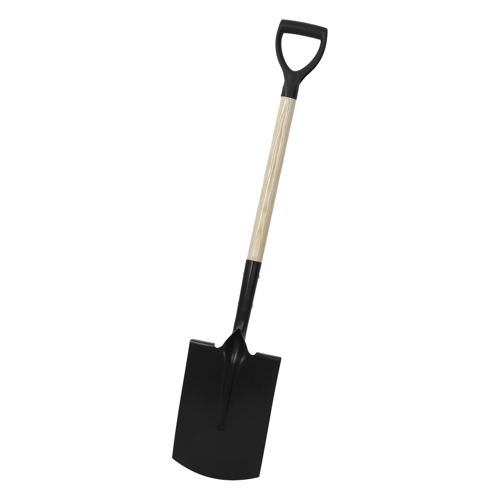 Hard Head Edging Spade har ett svart metallblad, ett blekt trähandtag och ett D-format svart plastgrepp högst upp.