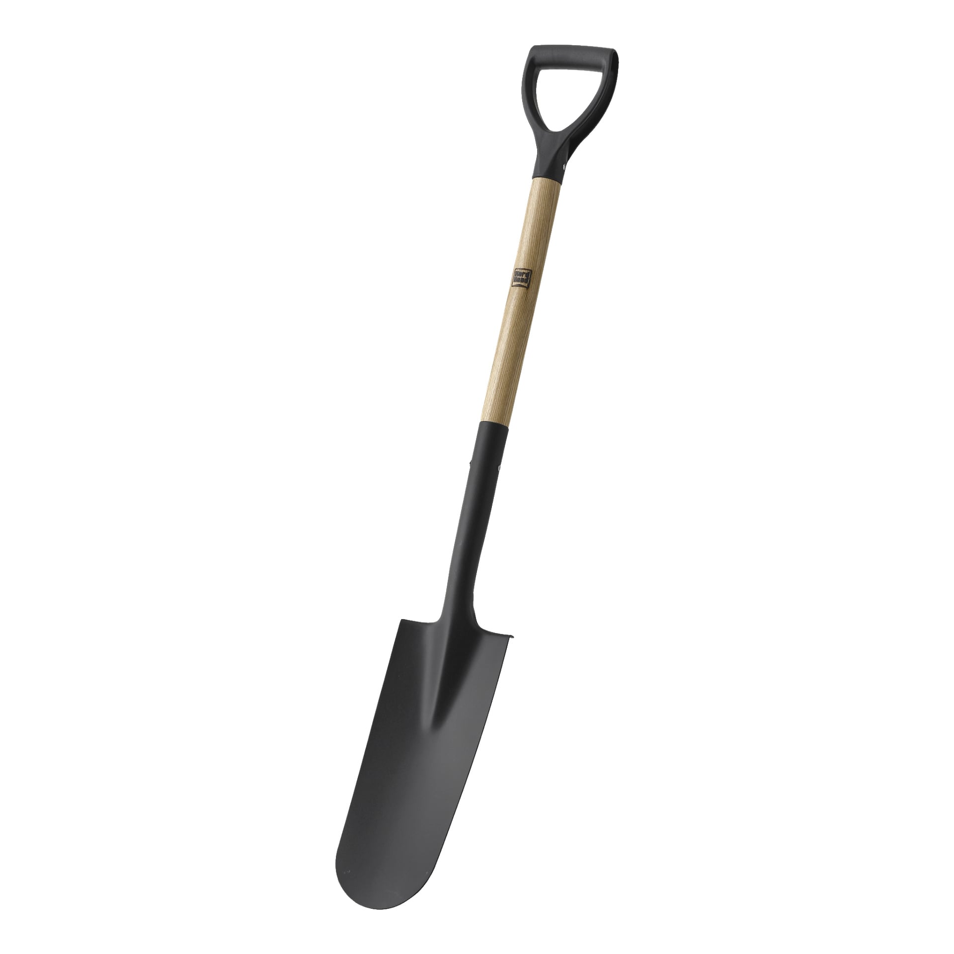 En Hard Head Digging spade med trähandtag, svart metallblad och ett D-format plastgrepp upptill.