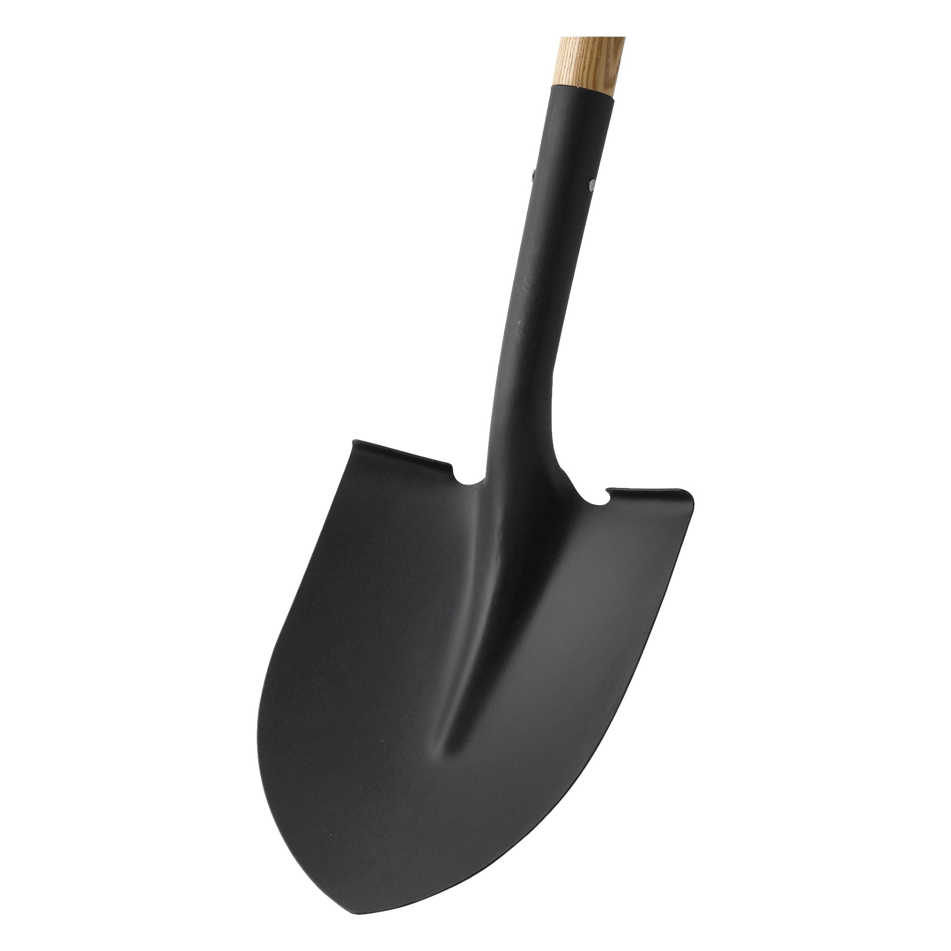 En närbild av den hårda spetsiga spaden med ett trähandtag och ett svart metallblad.